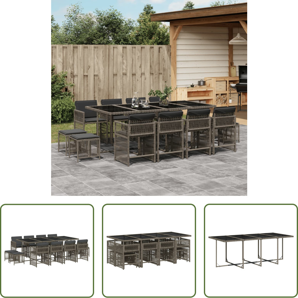 The Living Store 13-dielny záhradný jedálenský set s vankúšmi sivý polyratan