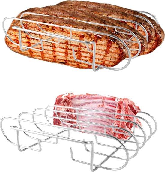 OEM Zwei Stück Grillhalter für die Zubereitung von 4 Rippchen, silberner Edelstahl-Rippchenhalter für Kohlegrill oder Gasgrill - 29 x 27 x 7,5 cm 2026