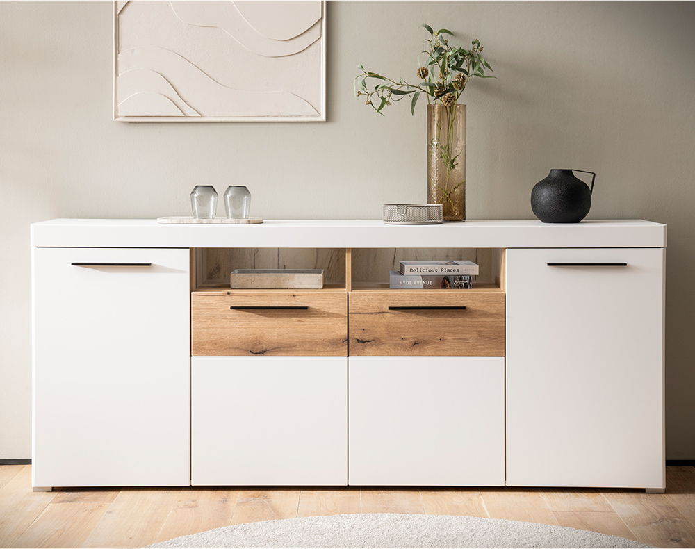 Lomadox Sideboard inkl. Beleuchtung 200 cm breit weiß mit Eiche SUTTON-61 LA61-SUTTON-61-SET4