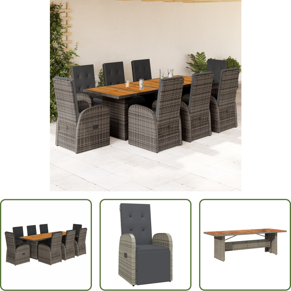 The Living Store 9-dielny záhradný jedálenský set s vankúšmi sivý polyratan