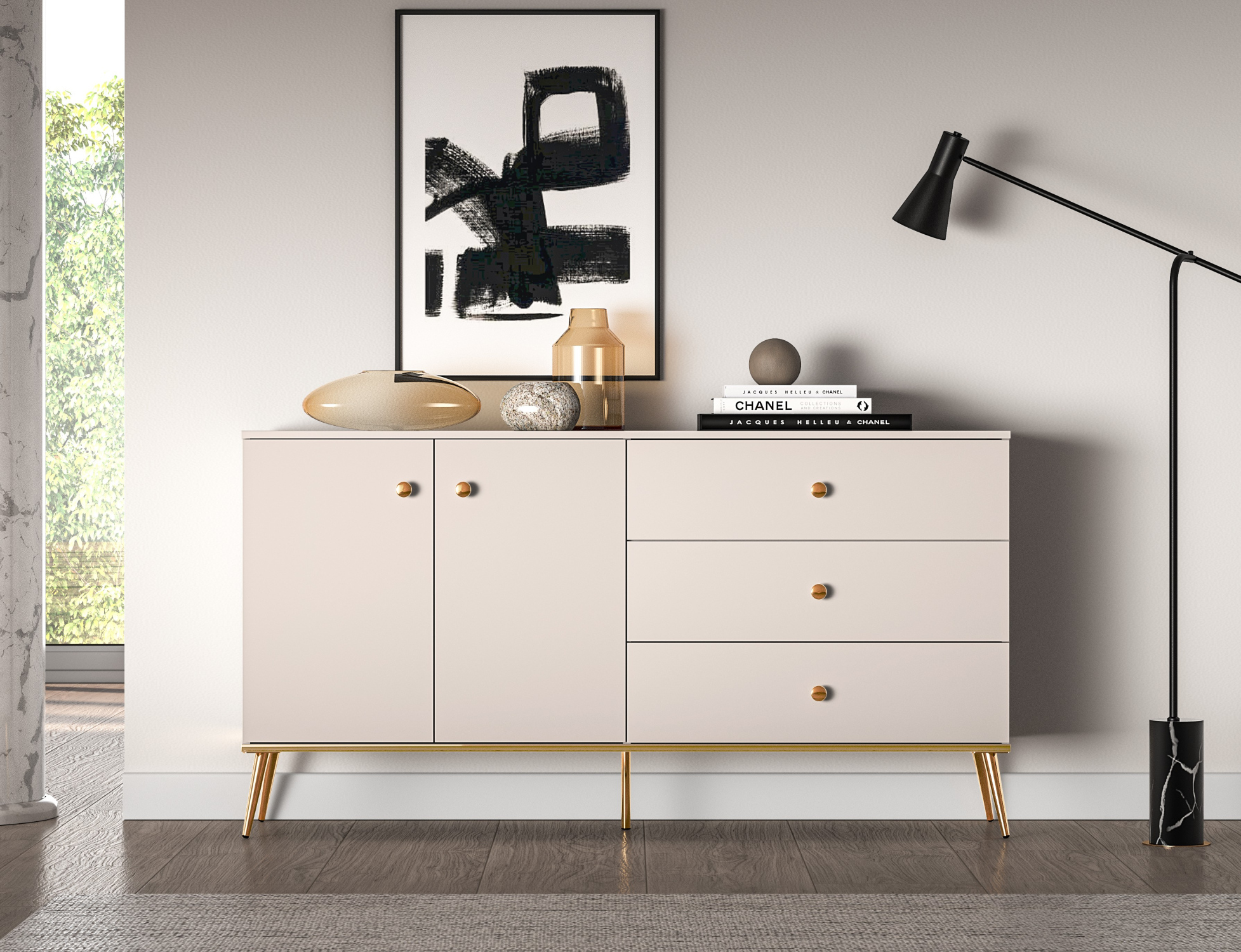 VENETI Breite kombinierte Kommode LUNA - Kaschmir / Gold 046-10-00121