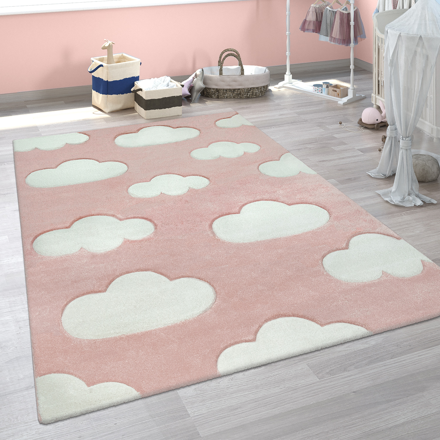 Kinder Teppich Weiß Rosa Kinderzimmer Pastellfarben Wolken Design Kurzflor 3-D