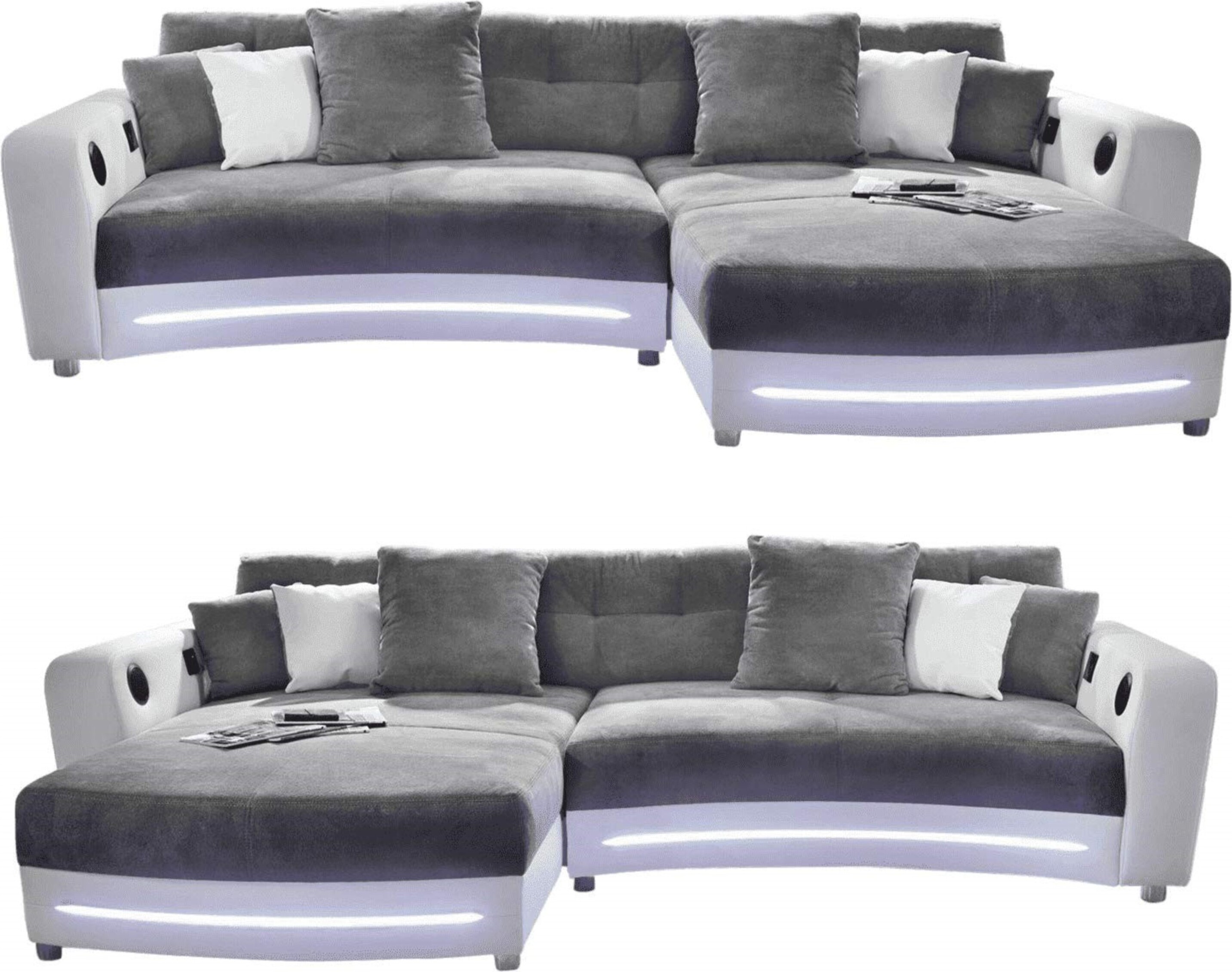 Multimedia-Ecksofa Couch mit RGB-LED Bluetooth Soundsystem USB in Grau / Weiß / 15410