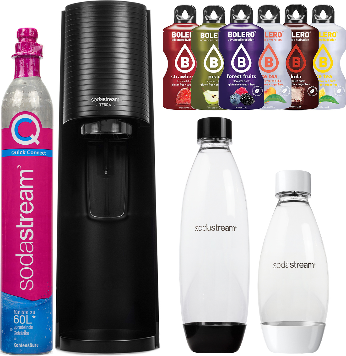 Výrobník perlivej vody SodaStream Terra Black + 1 fľaša, čierna, 1 l + 1 fľaša, biela, 0,5 l + Bolero