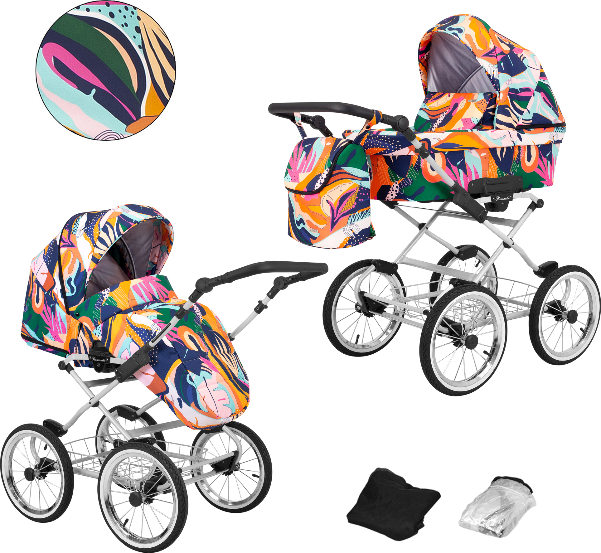 Kinderwagen ROMANTIC Sportwagen Babywagen Babyschale Komplettset Kinder Wagen Set 2 in 1 (farbig, Rahmenfarbe: Grau)