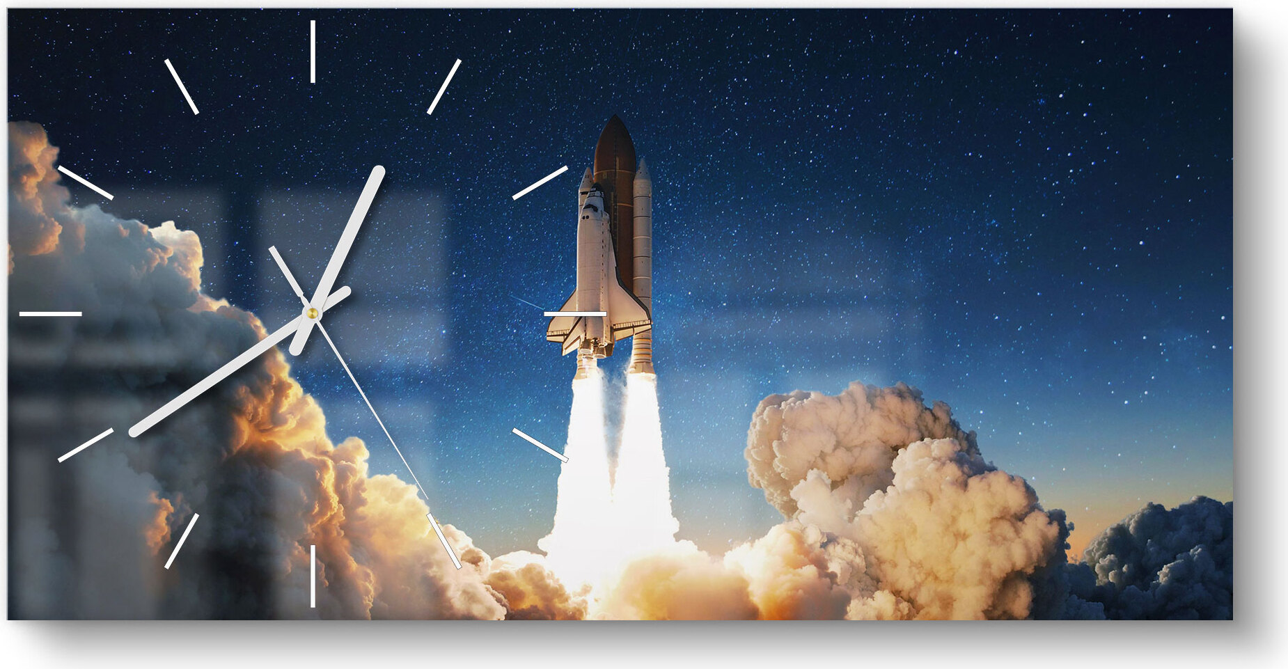 DEQORI Glasuhr 60x30 cm Modern 'Raketenstart ins All' Wanduhr Glas Uhr Design leise WC-60-30-M-2286