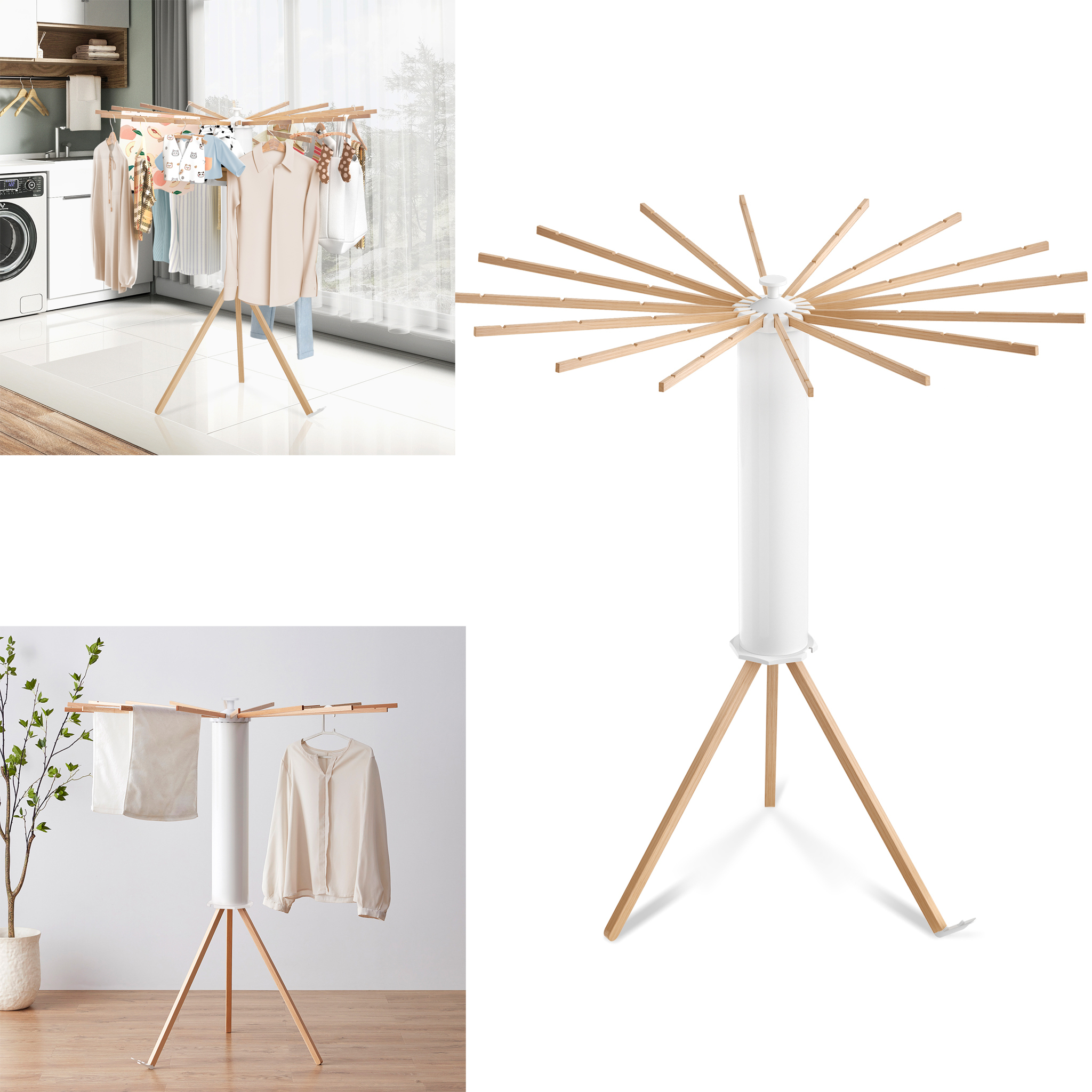 XMTECH LZQ Wäscheständer Holz, Stativ-Wäscheständer, faltbar, tragbarer Wäscheständer, Wäscheständer platzsparend, Wäscheständer ausziehbar - Wäscheständer (Holz, White) SD-RL-XM-(HAG7554A)