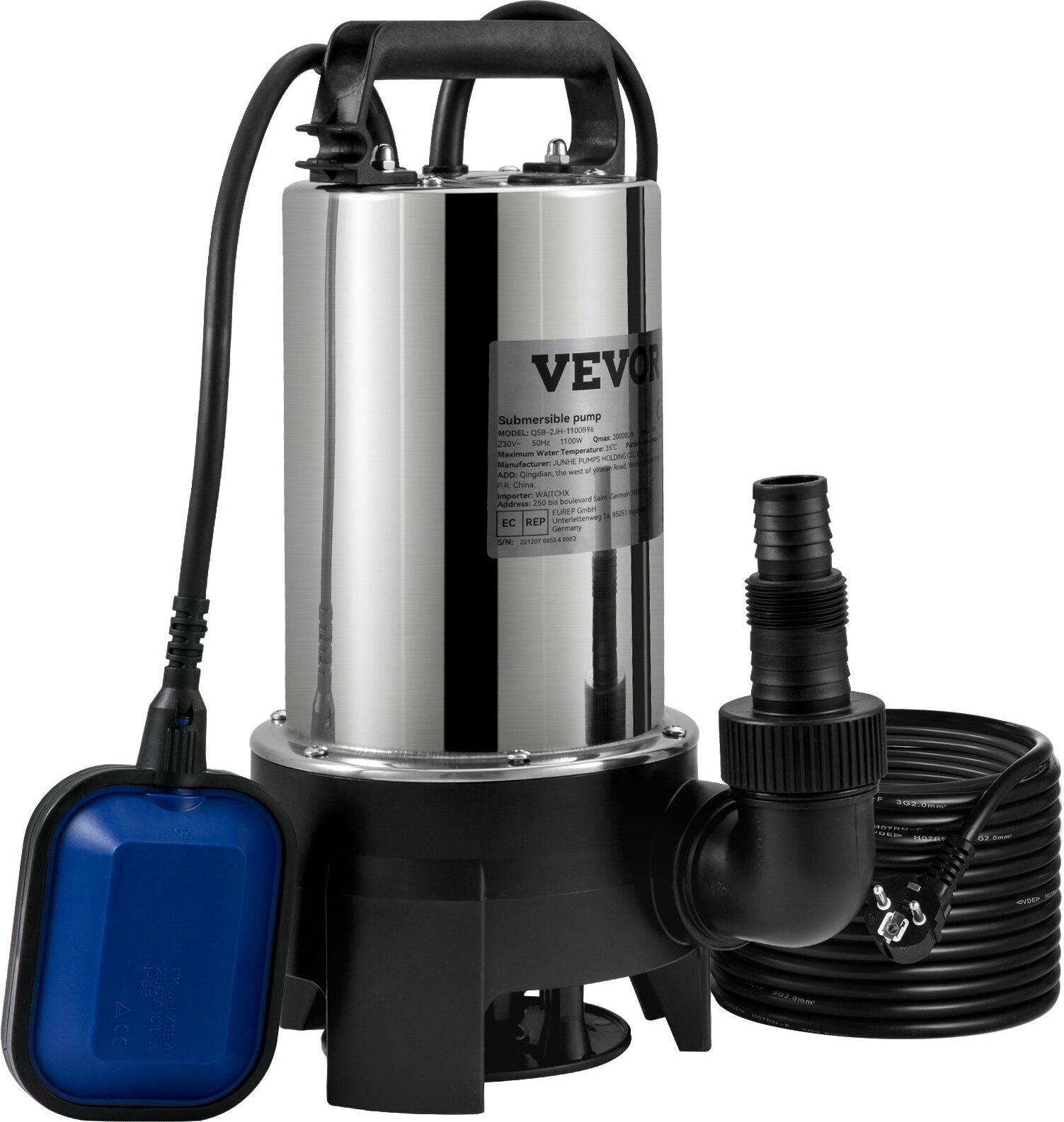 Ponorné čerpadlo 1100W Čerpadlo na špinavú vodu 230V Záhradné čerpadlo Prietok 333,3 l/min Ponorné čerpadlo na špinavú vodu s certifikátom IPX8 CE Výstup možno skrátiť na čerpanie vody z bazénov rybníkov