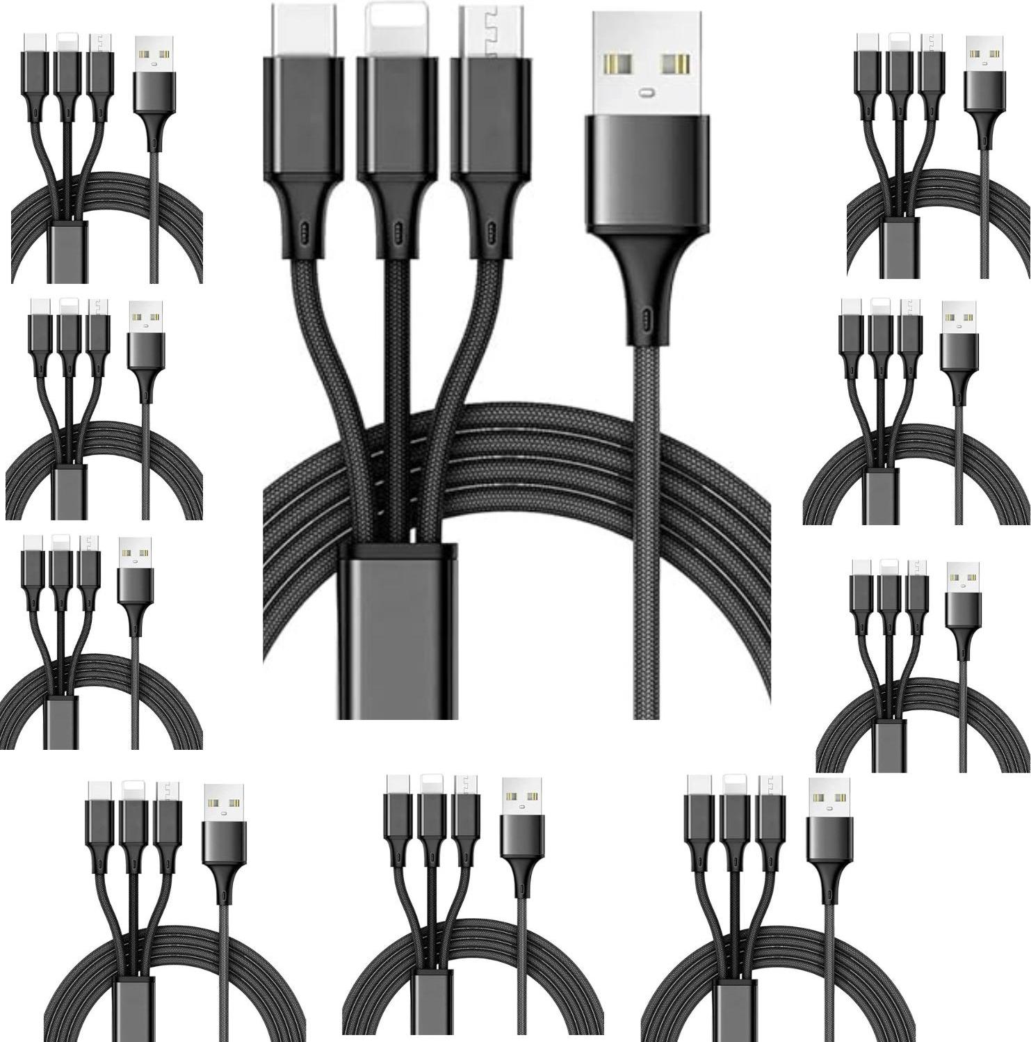 Nabíjací kábel 3 v 1 – odolný multifunkčný kábel s konektormi USB-C, Micro a pre iPhone – čierny / balenie po 10 kusoch