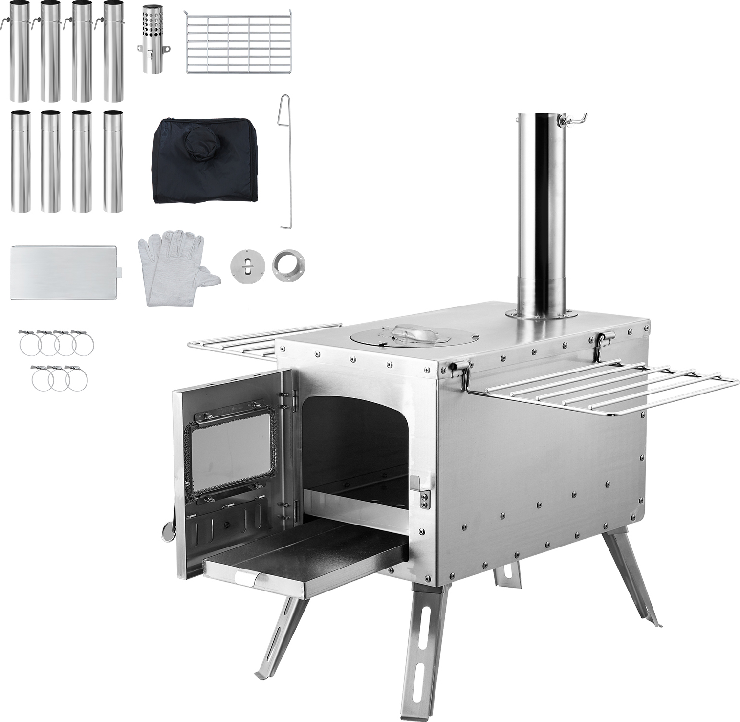 SucceBuy kachle na drevo, prenosné nerezové stanové kachle s 86 palcovými, komínovými rúrami a rukavicami, 1646 palcov³ ohnisko na vonkajšie varenie a vykurovanie, s 8 rúrami