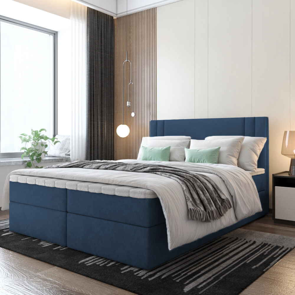 Bett Boxspringbett BEST, OHNE Topper mit Bettkästen - Doppelbett, Stauraum, Schlafzimmer, Polsterbett, Bettgestell (140x200, Dunkelblau - ITAKA 11)