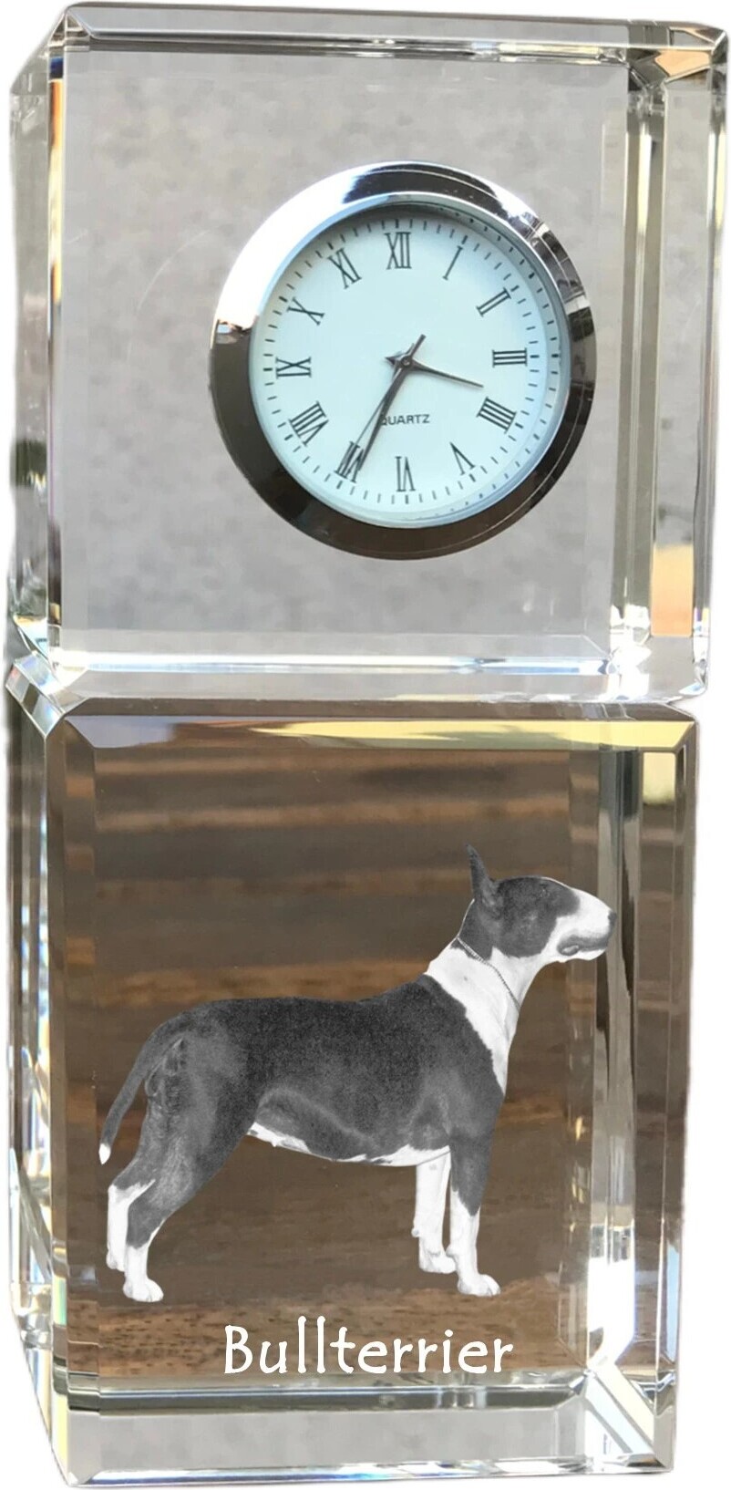 Bull Terrier, Bullterrier - Kristalluhr mit Foto, Hundebild im Kristall, personalisierte Schreibtischuhr von Art-Dog.