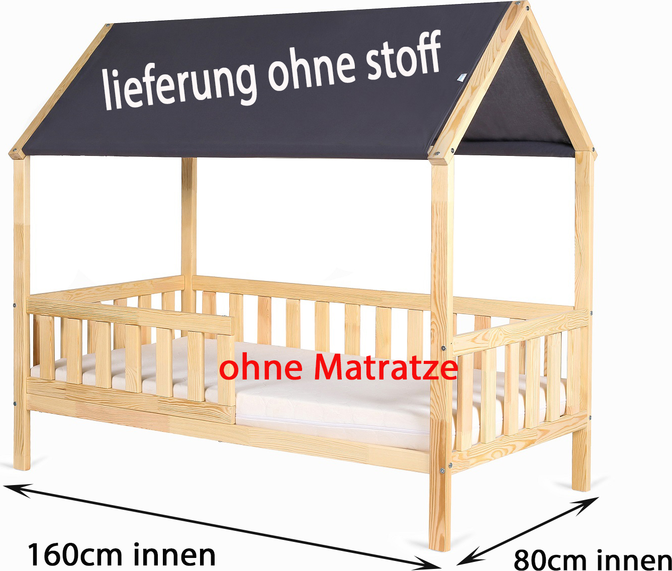 Kinderbett Jugendbett Holz Haus mit Dach 160x80 und 180x80 Clamaro, Bettgröße:160 x 80 cm NEW-5790