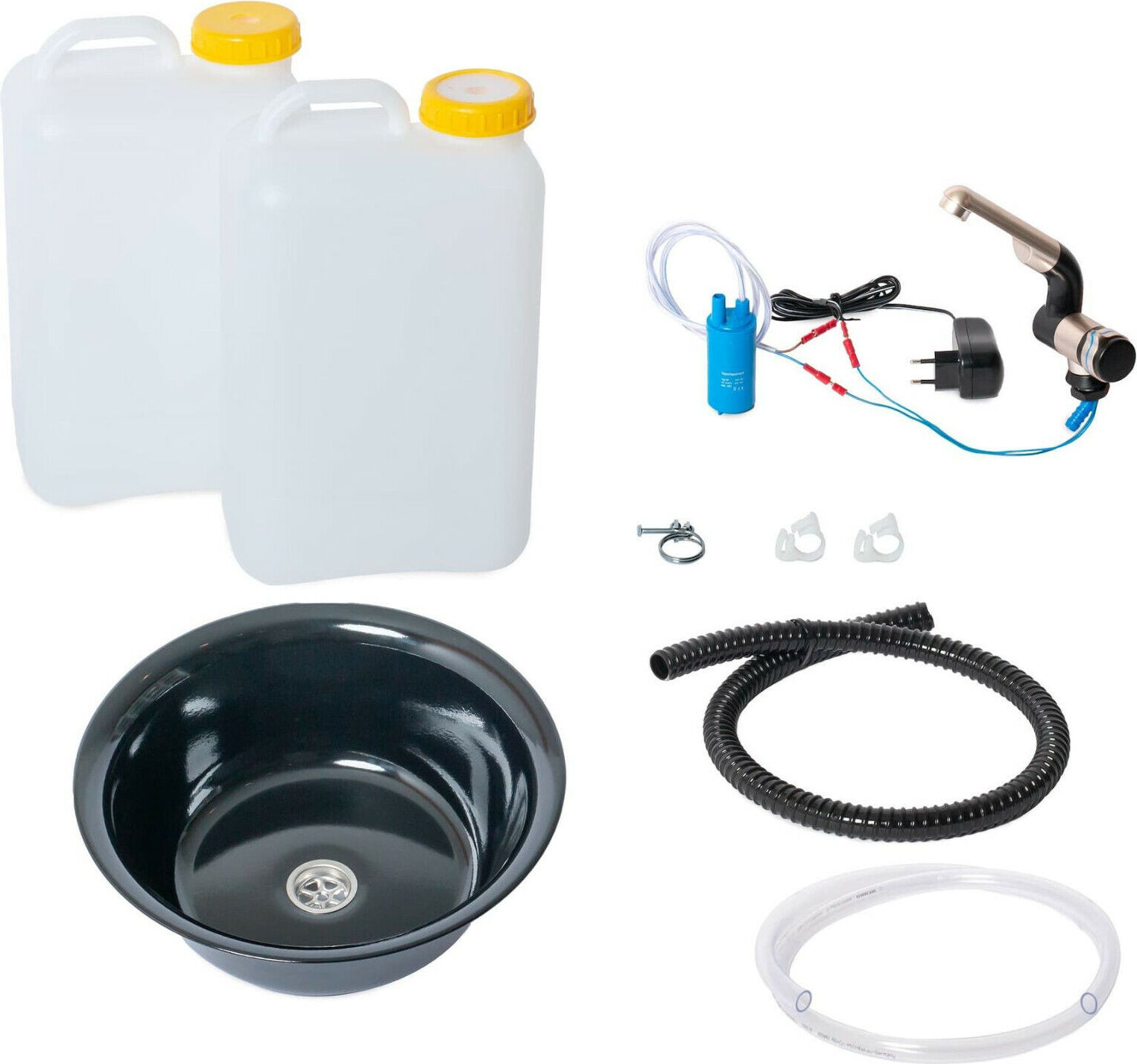 Ad Ideen 230V Technik Paket Niro Spüle Waschbecken 32cm schwarz Bulli 19L Wetihalskaniste