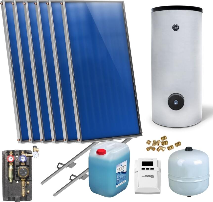 SUNEX Flachkollektoren Warmwasser Solarpaket 6 Kollektoren Speicher Flachkollektor AMP6S2500