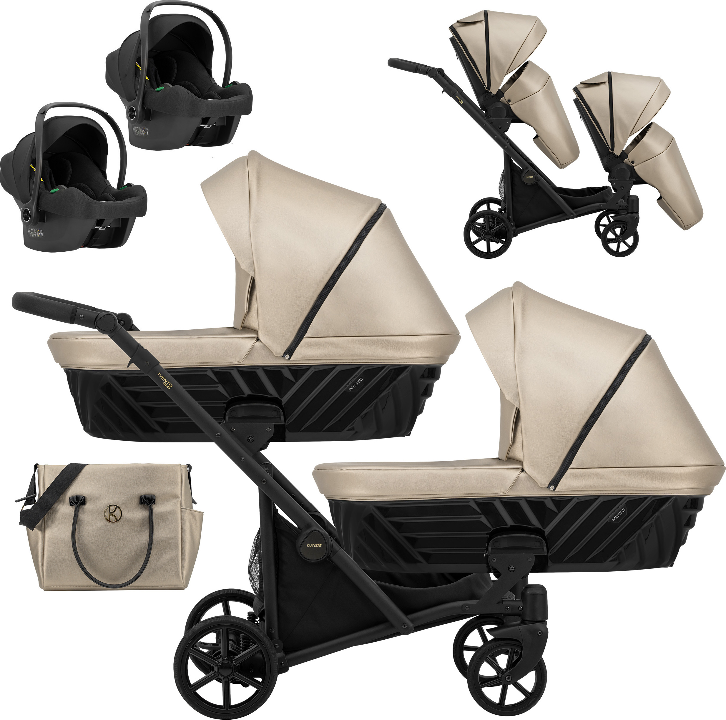Kinderwagen IVENTO DUO 3 in 1 Komplettset Zwillingskinderwagen Geschwisterwagen Zwillingsbuggy Doppelkinderwagen (Cappucino, Rahmenfarbe: schwarz)