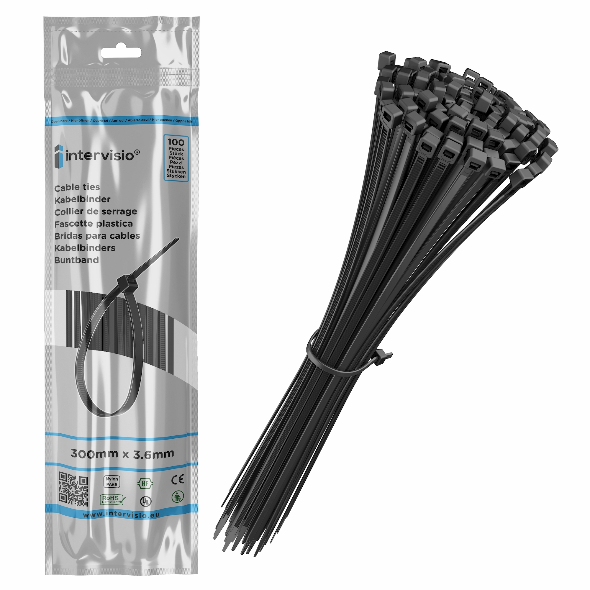 Kabelbinder schwarz 7,6 x 300mm 100 Stück Kabelstraps - Industrie