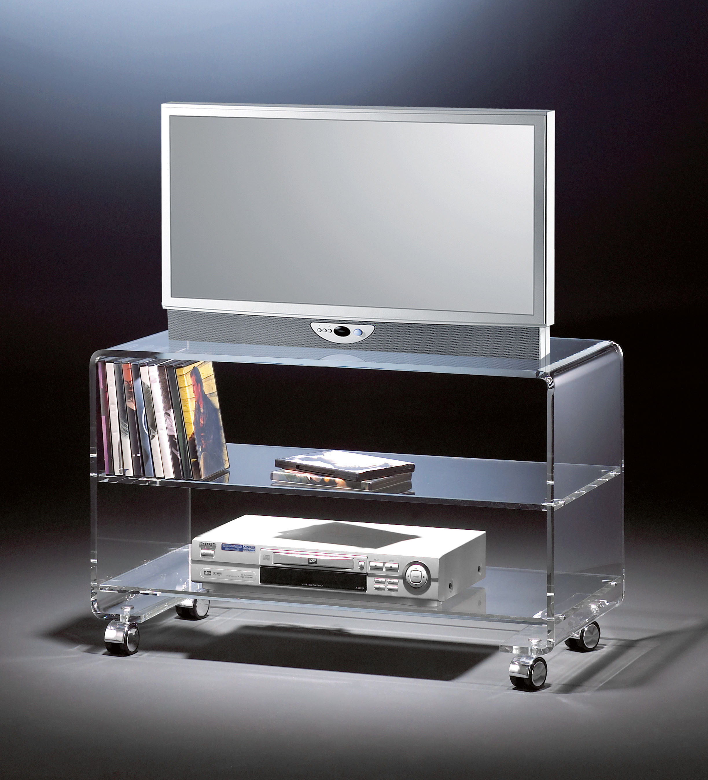 HOWE-Deko Hochwertiger Acryl-Glas TV-Wagen / TV-Tisch mit 4 Chromrollen, klar, 80 x 40 cm, H 50 cm, Acryl-Glas-Stärke 10 mm 131175