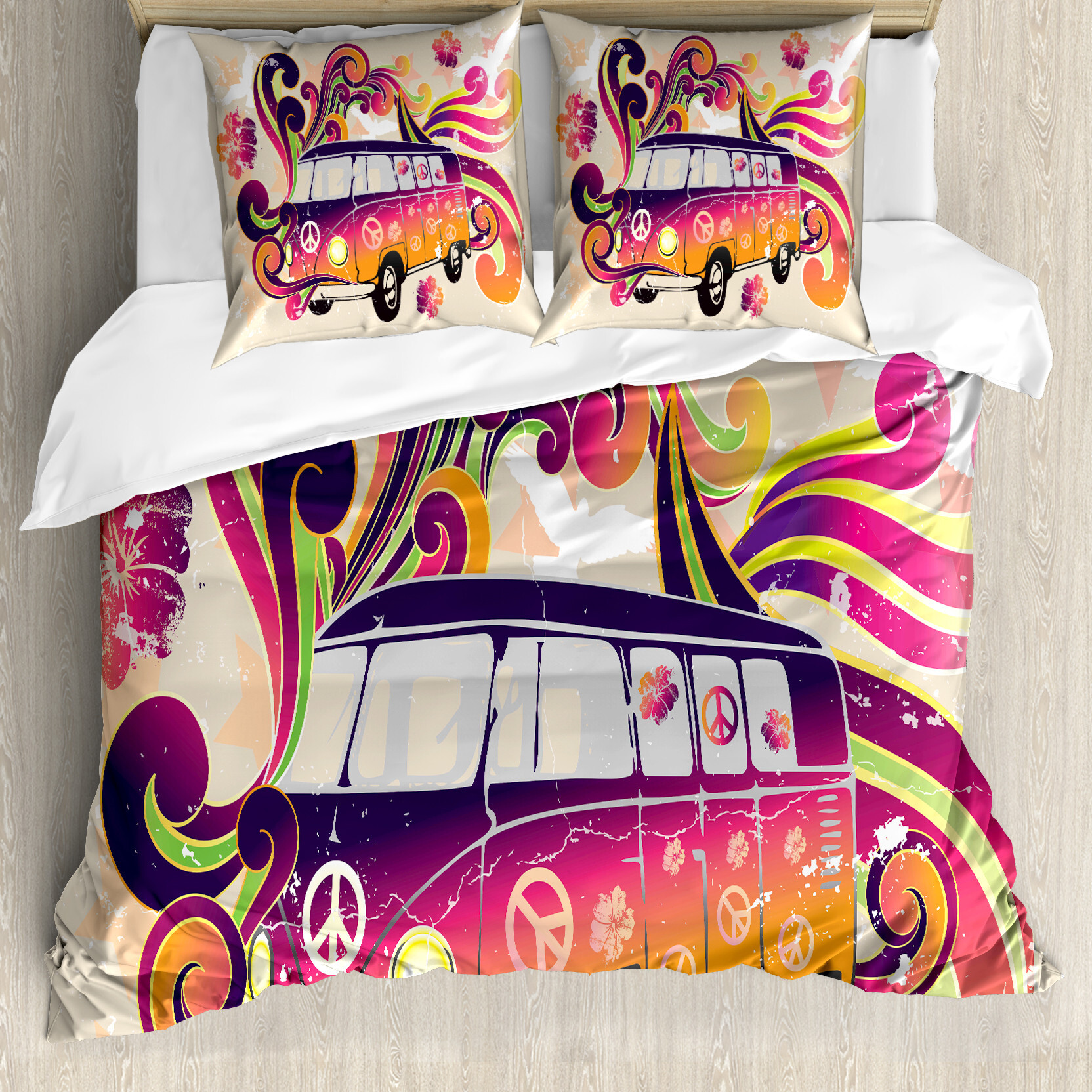 KOZMOS TEKSTL VE GER DÖNÜÜM SANAY TCARET LMTED RKET ABAKUHAUS Retro Bettbezugs Set Für Doppelbetten, Friedenssymbol Karawane Motiv, Milbensicher Allergiker geeignet mit Kissenbezügen, Mehrfarbig nevde_2921_200x200_de