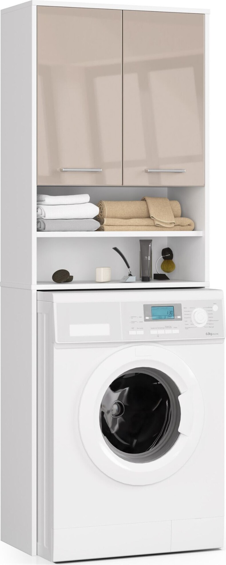 Waschmaschinenschrank AKORD FIN Weiß Cappuccino Hochglanz B64 x H180 x T30 cm OP0LAZPRALCAPUPO