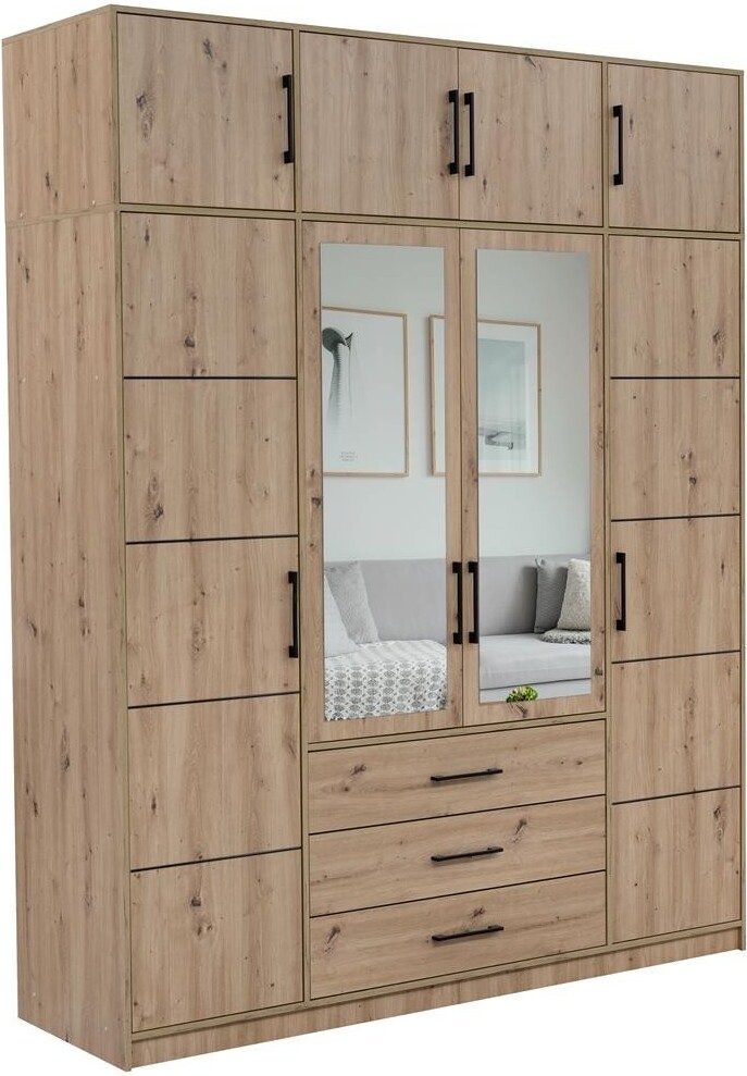 BETTSO Viertüriger Spiegelschrank mit ausziehbaren schwarzen Griffen COSTARICA 4D Eiche artisan