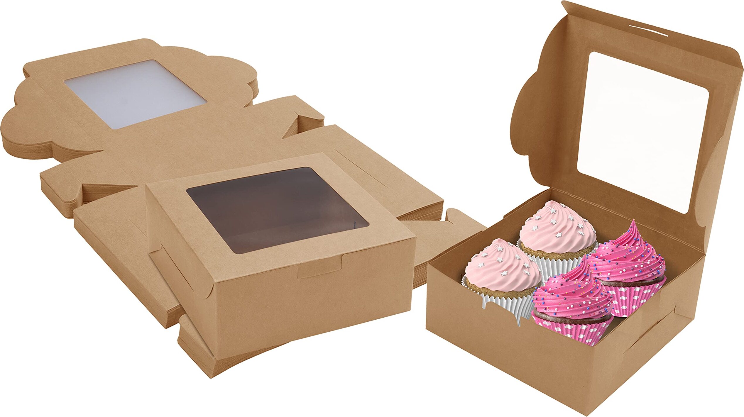 Lot De 50 Boîtes à Gâteau Kraft Blanc Avec Fenêtre - Format 9,39x9,39x10,66 Cm, Poignée, Pour Pâtisseries à Emporter, Cookies, Cupcakes