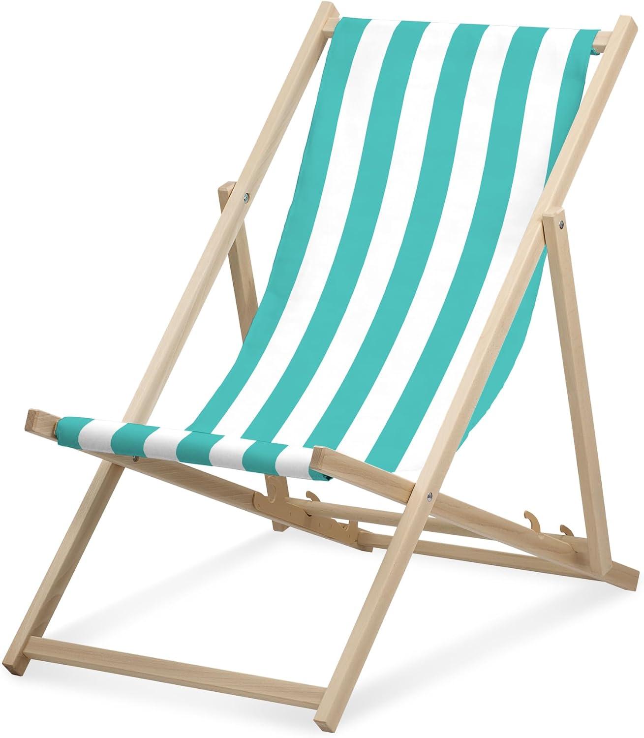 Lehátko - široké pruhované - tyrkysové - skladacie - z bukového dreva - nosnosť do 95 kg - 3-smerovo nastaviteľné operadlo - plážové lehátko