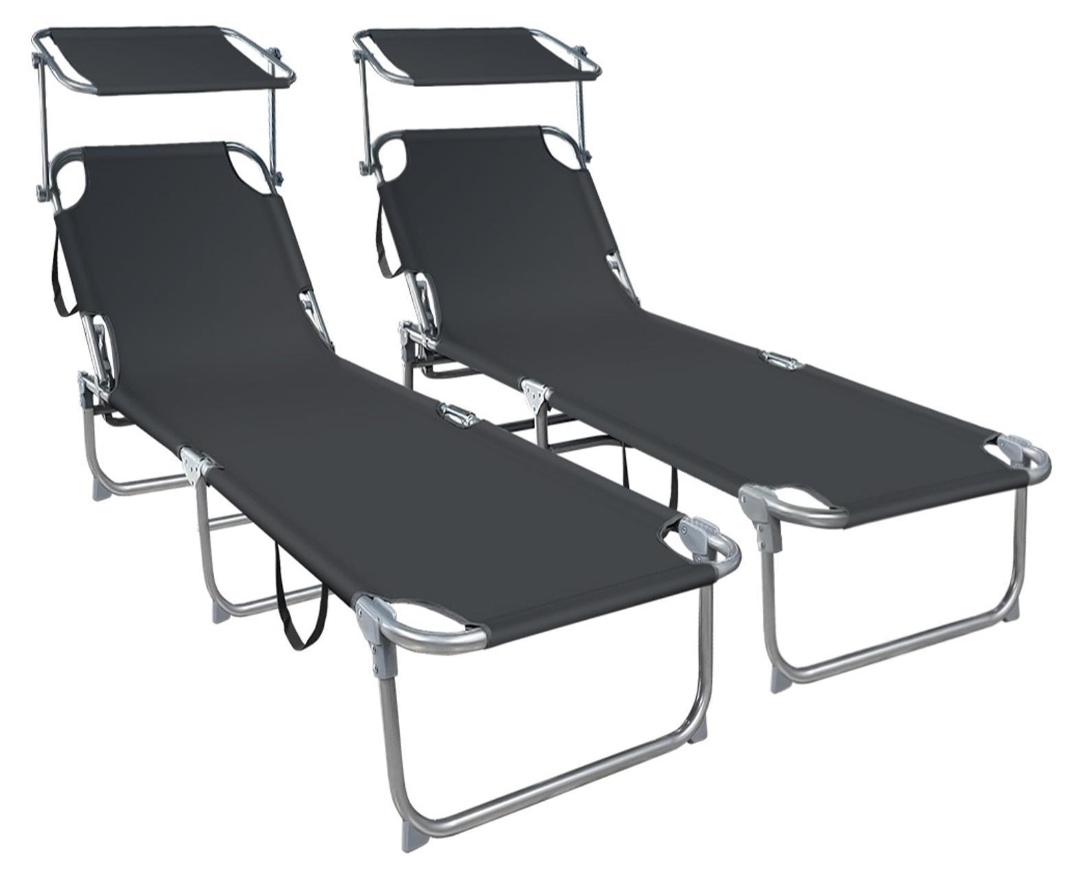 VOUNOT® 2er Set Sonnenliege mit Dach, 190 x 58 x 27 cm Schwarz