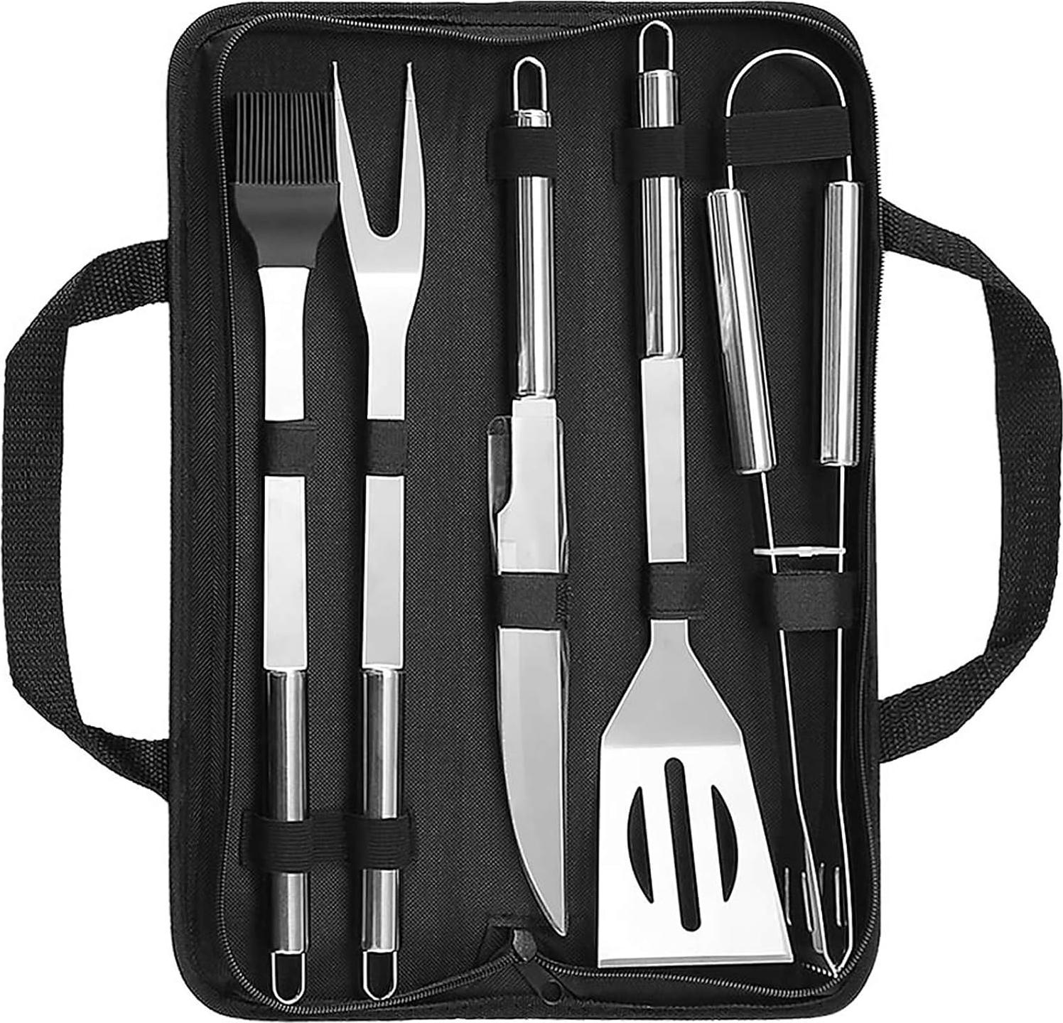 Meoiruery 5Pcs Ustensiles Barbecue, Kit Barbecue Outil de Barbecue en Acier Inoxydable, Set Barbecue Portable, Ustensiles pour Barbecue, Accessoires Barbecue pour Jardin, Extérieur, Randonnée, Grillades KAU-ER-LYS-PH-20250912-134