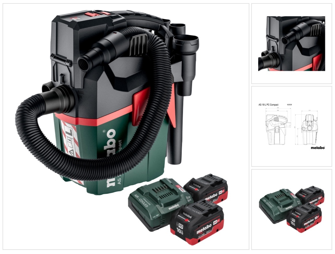 Metabo AS 18 L PC Kompaktný akumulátorový vysávač 18 V 6 l IPX4 prachová trieda L mokré a suché vysávanie + 2x akumulátor 10,0 Ah + nabíjačka