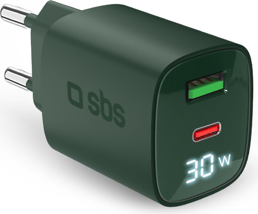 Nabíjačka SBS 30W s USB-A, USB-C, Gan LED, zelená