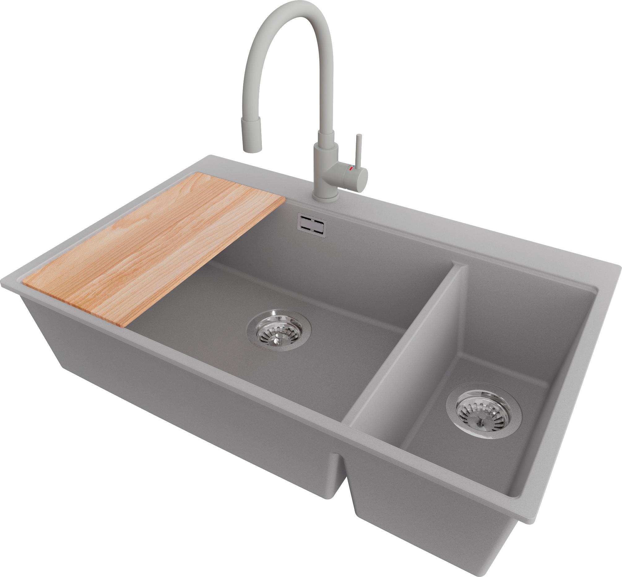 PRIMAGRAN Granitspüle Grau 78x50cm, Spülbecken 2 Becken + Küchenarmatur 38x14cm + Ablauf-Set + Schneidebrett, Küchenspüle ab 80er Unterschrank - Oslo Duo