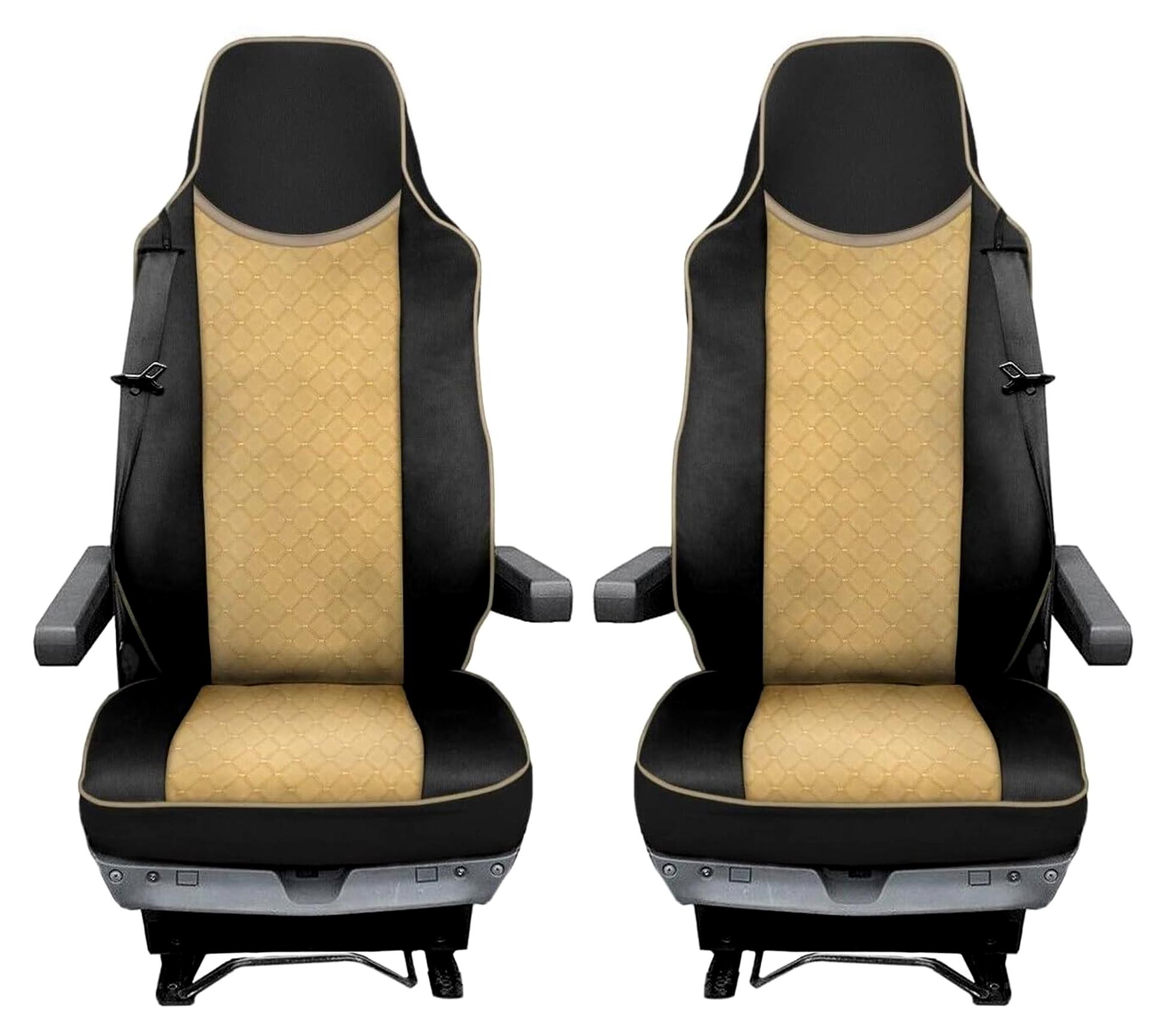 Markenlos LKW Sitzbezüge Für TGX 2015-2020 Schwarz und beige 1+1 Satz, Sicherheitsgurtloch auf der Beifahrer- und Fahrerseite