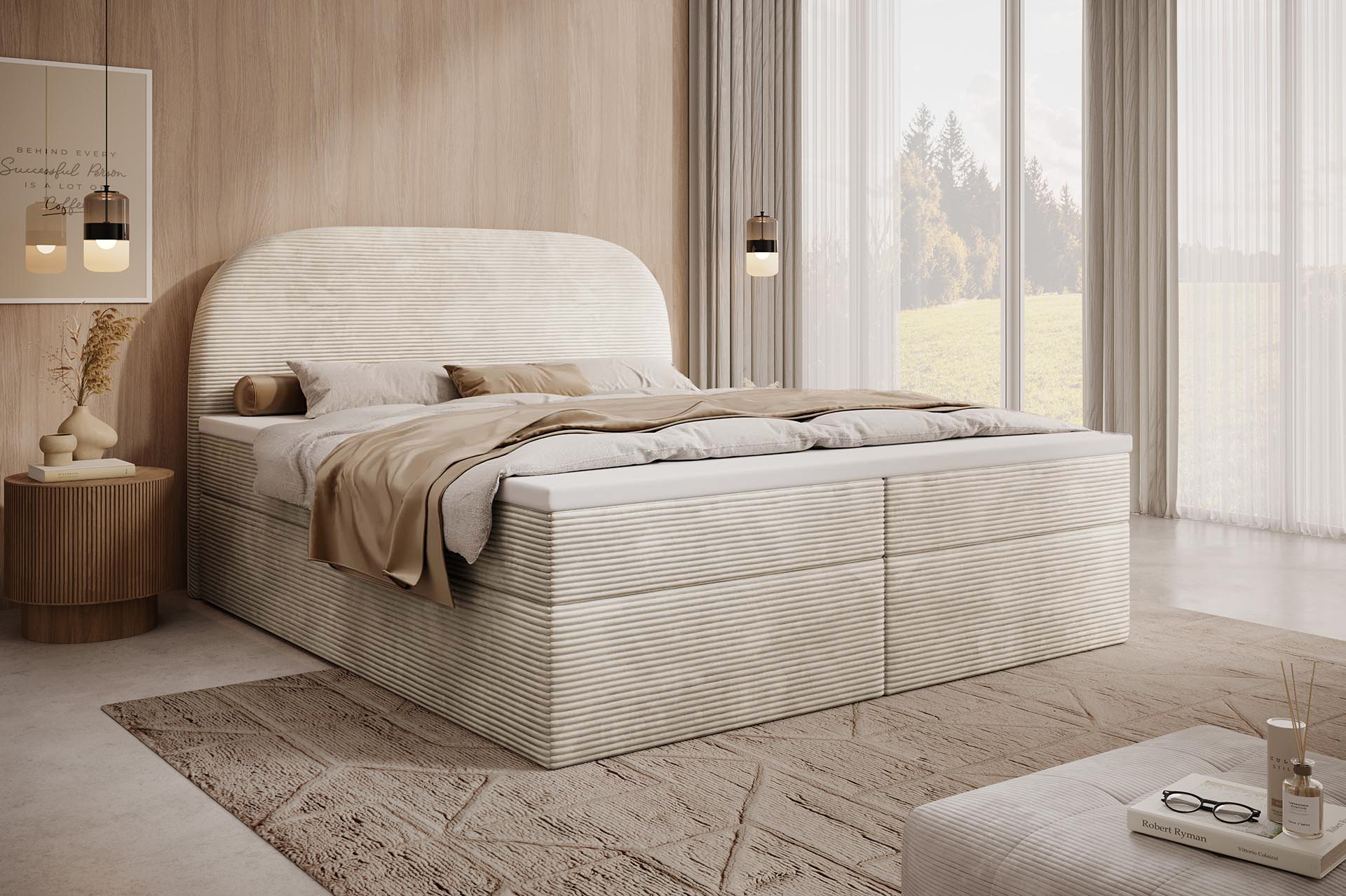 MyBed Zen box spring bed Čalúnená posteľ Čelo postele Úložný priestor 120x200 Bonnell matrac H3 Topper Creamy Poso38