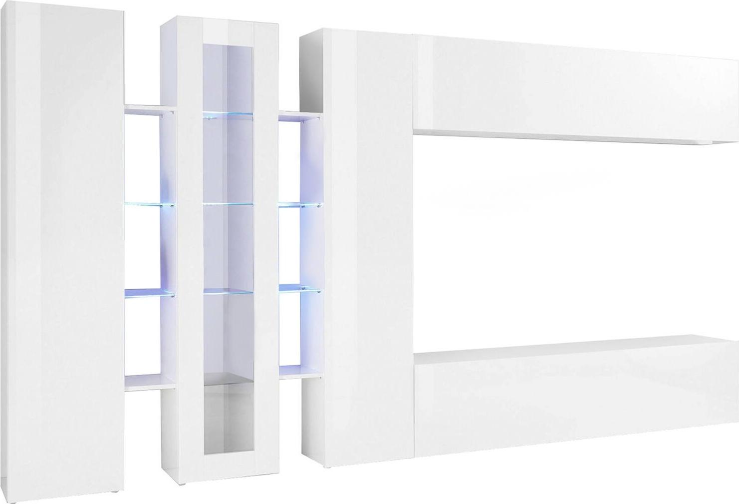 Dmora Wohnzimmermöbel Darcadi, Wohnzimmer-Set TV-Möbel mit 3 Türen, Mehrzweck-Wohnzimmermöbel mit LED-Beleuchtung, 100 % Italy, cm 340x30h180, glänzend weiß