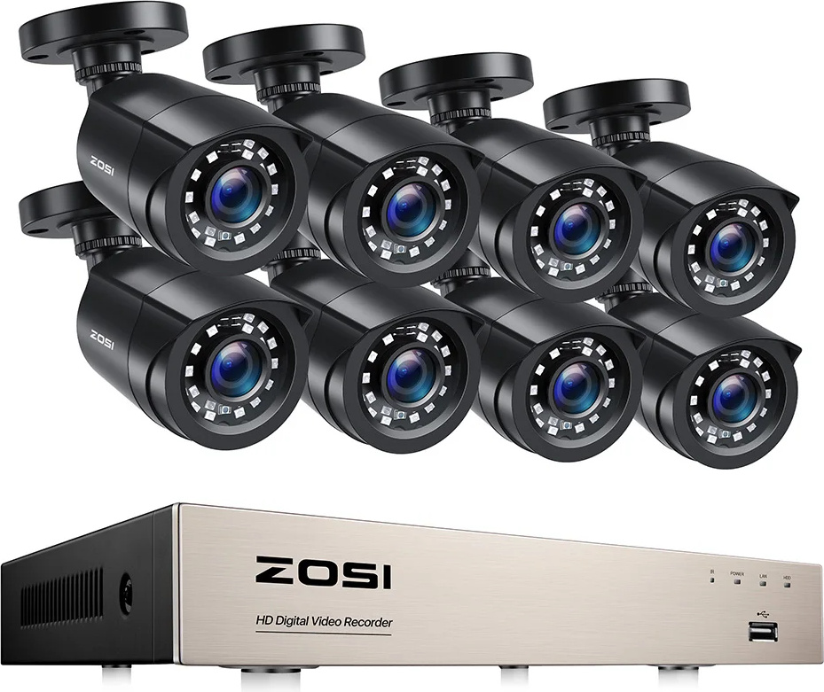 Bezpečnostný kamerový systém ZOSI, rozlíšenie 1080P, nočné videnie do 80 stôp, 8CH DVR x 8 kamier, žiadny