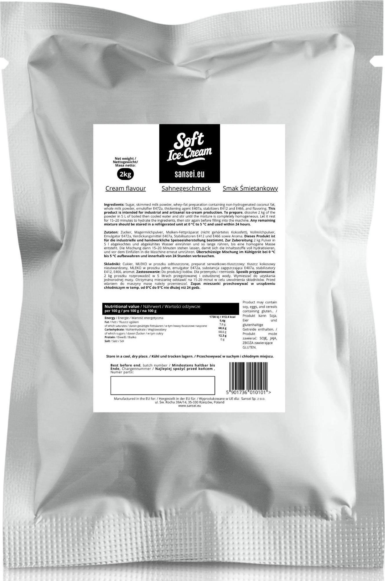 Inny producent Sansei Soft-Eis Pulver für Eismaschine Softeispulver Speiseeispulver Sahnegeschmack 2 kg 2:5 für 7 Kg