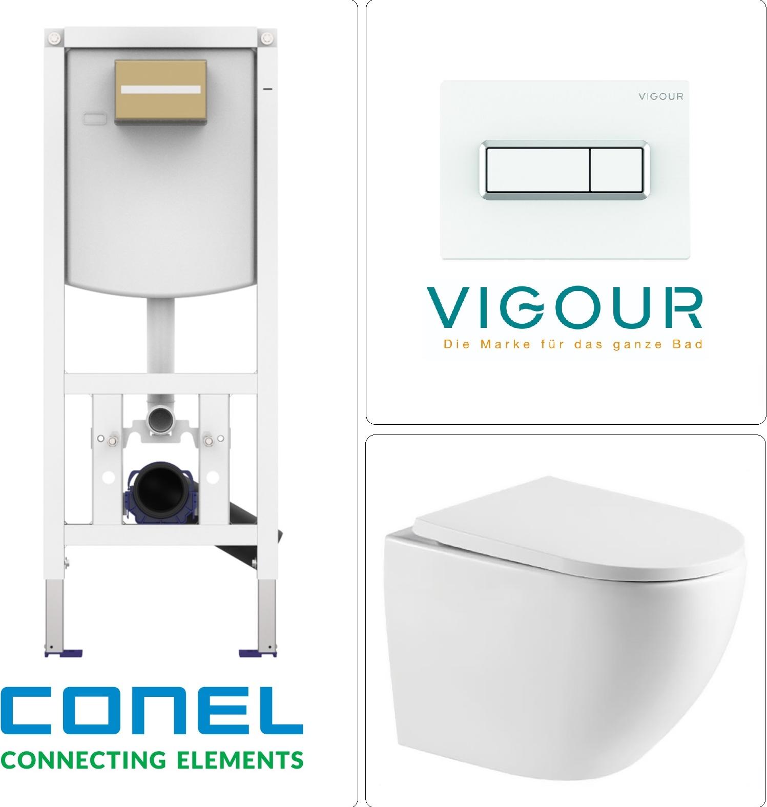 Wand-WC mit Tornado-Spülung, SoftClose WC-Sitz und CONEL WC Vorwandelement mit VIGOUR TEES Betätigungsplatte, weiß / chrom