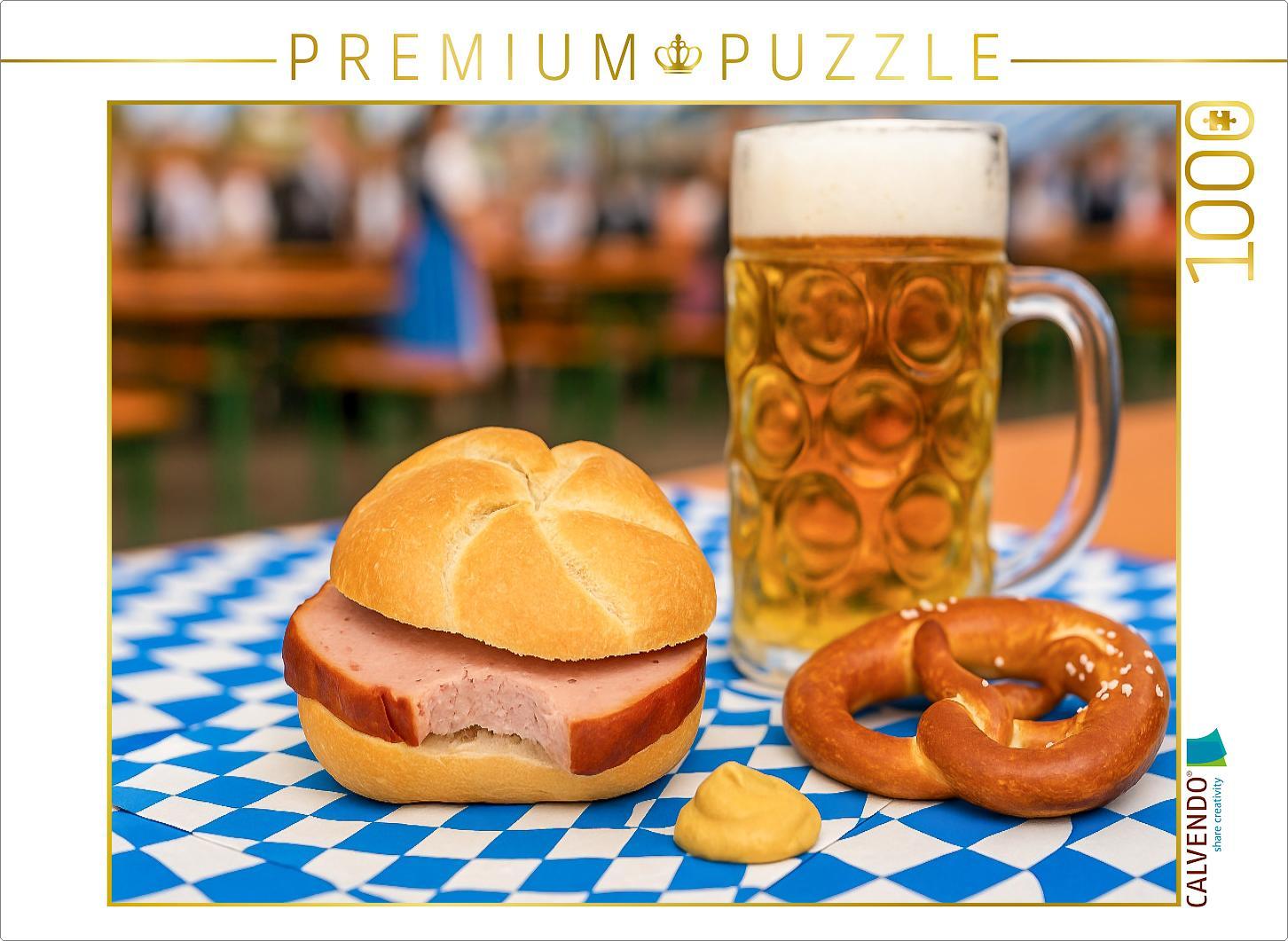 CALVENDO Puzzle Leberkässemmel mit einer Maß Bier und Brezn | 1000 Teile Lege-Größe 64x48cm Foto-Puzzle für glückliche Stunden