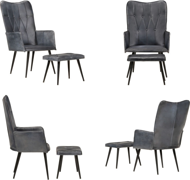 vidaXL Ohrensessel mit Hocker Grau Echtleder - Ohrensessel - Ohrensessel Mit Knöpfen - Ohrensessel Echtleder - Ohrensessel Mit Fußhocker HL339665