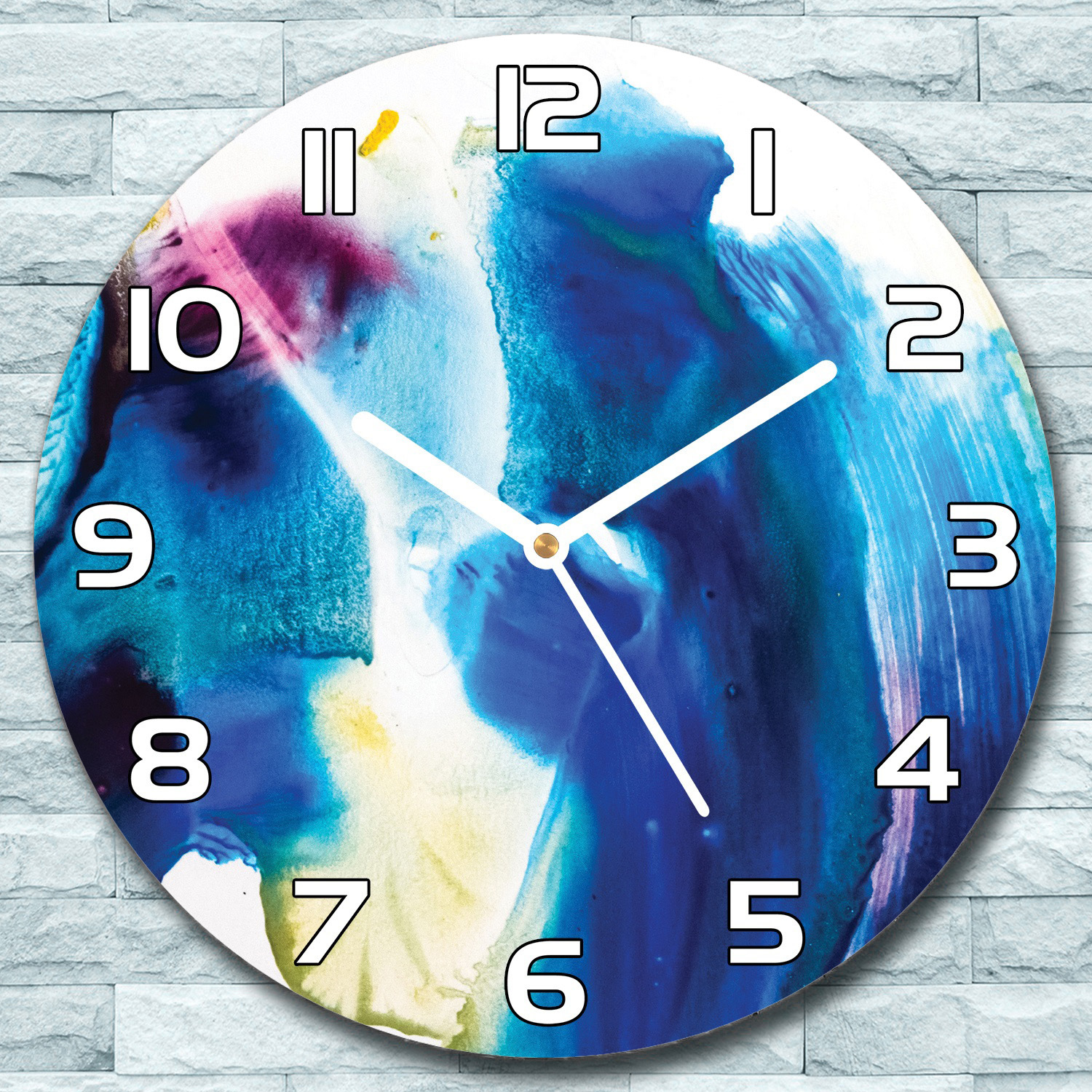 coloray Wanduhr aus Glas Rund fi 30 Blaue Farbe Flecken Verschmierte Schlafzimmer Büro zso-white-f30-bluedecor-142