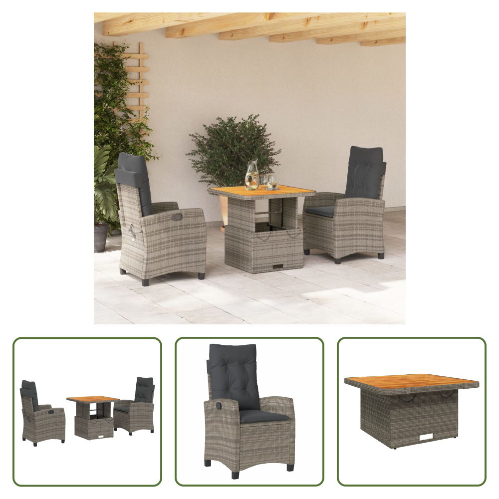 The Living Store 3-dielny záhradný jedálenský set s vankúšmi sivý polyratan