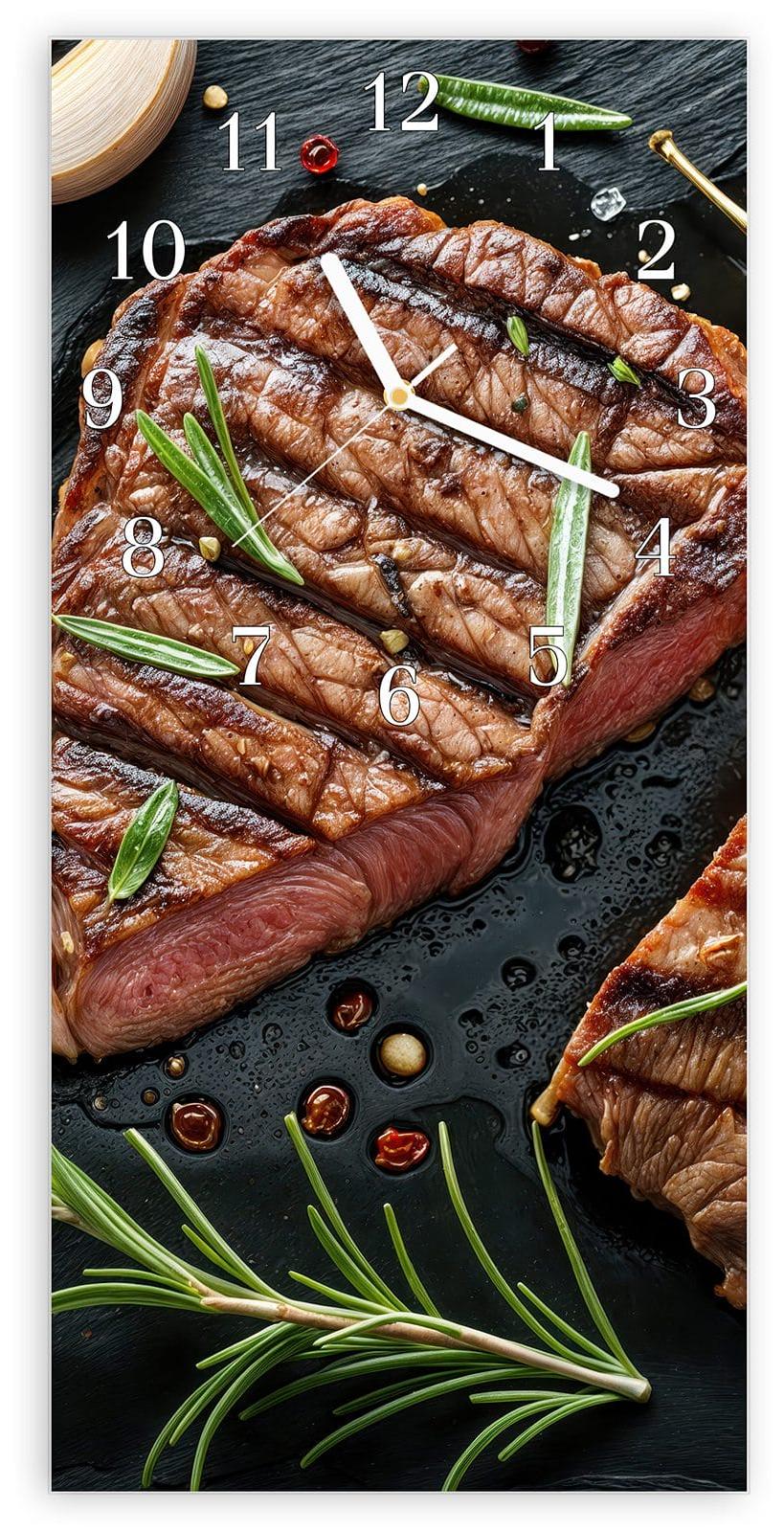 Primedeco Wanduhr aus Glas mit Motiv Gegrilltes Steak- 30 x 60 cm - inkl. Aufhängesystem