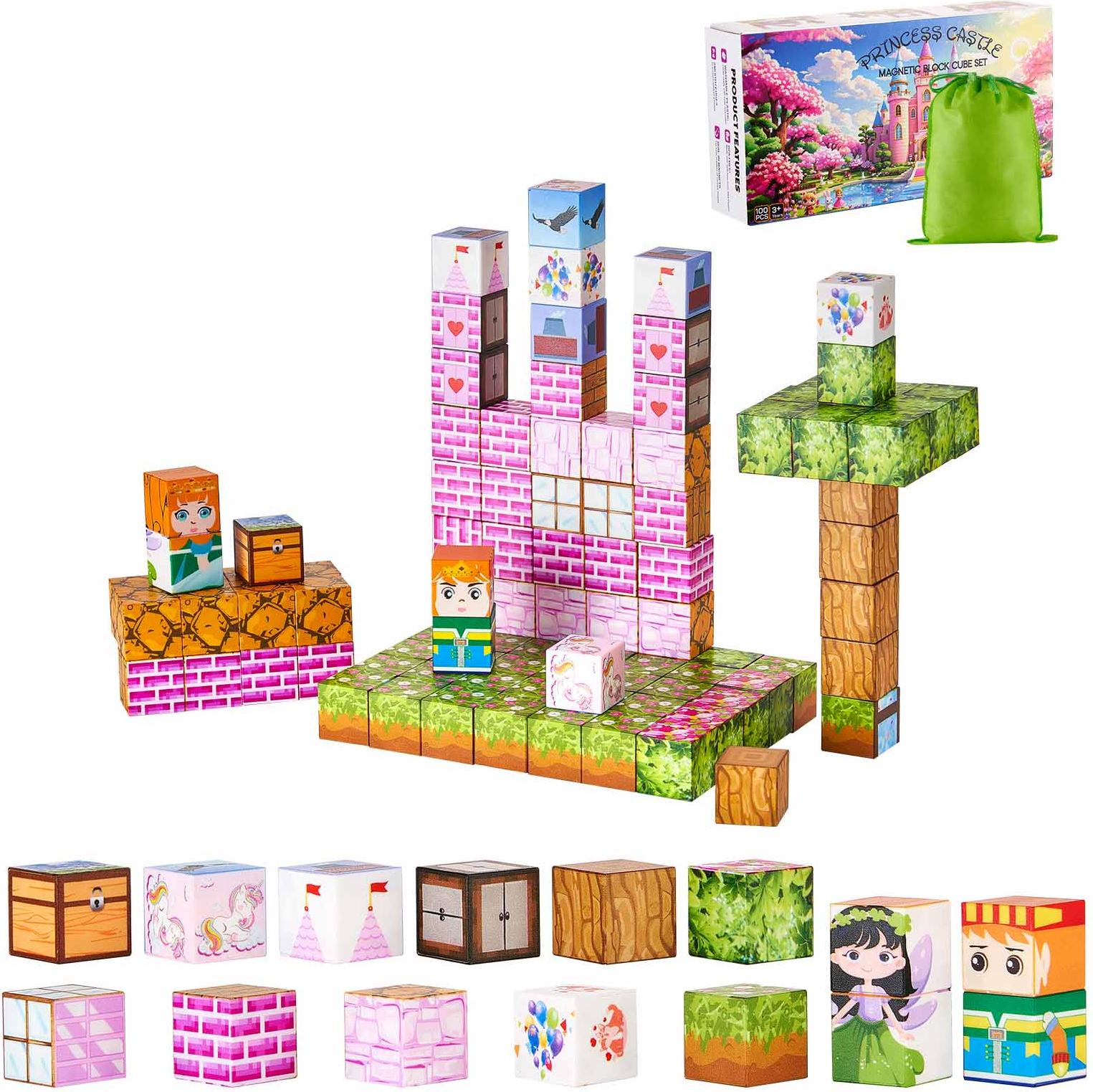 VEVOR Magnetische Bausteine, 100-teiliges Prinzessinnen-Schloss-Set, Magnetblöcke, STEM Montessori-Spielzeug als Weihnachts- & Geburtstagsgeschenk, Konstruktions-Stapelspielzeug, ab 3 Jahren