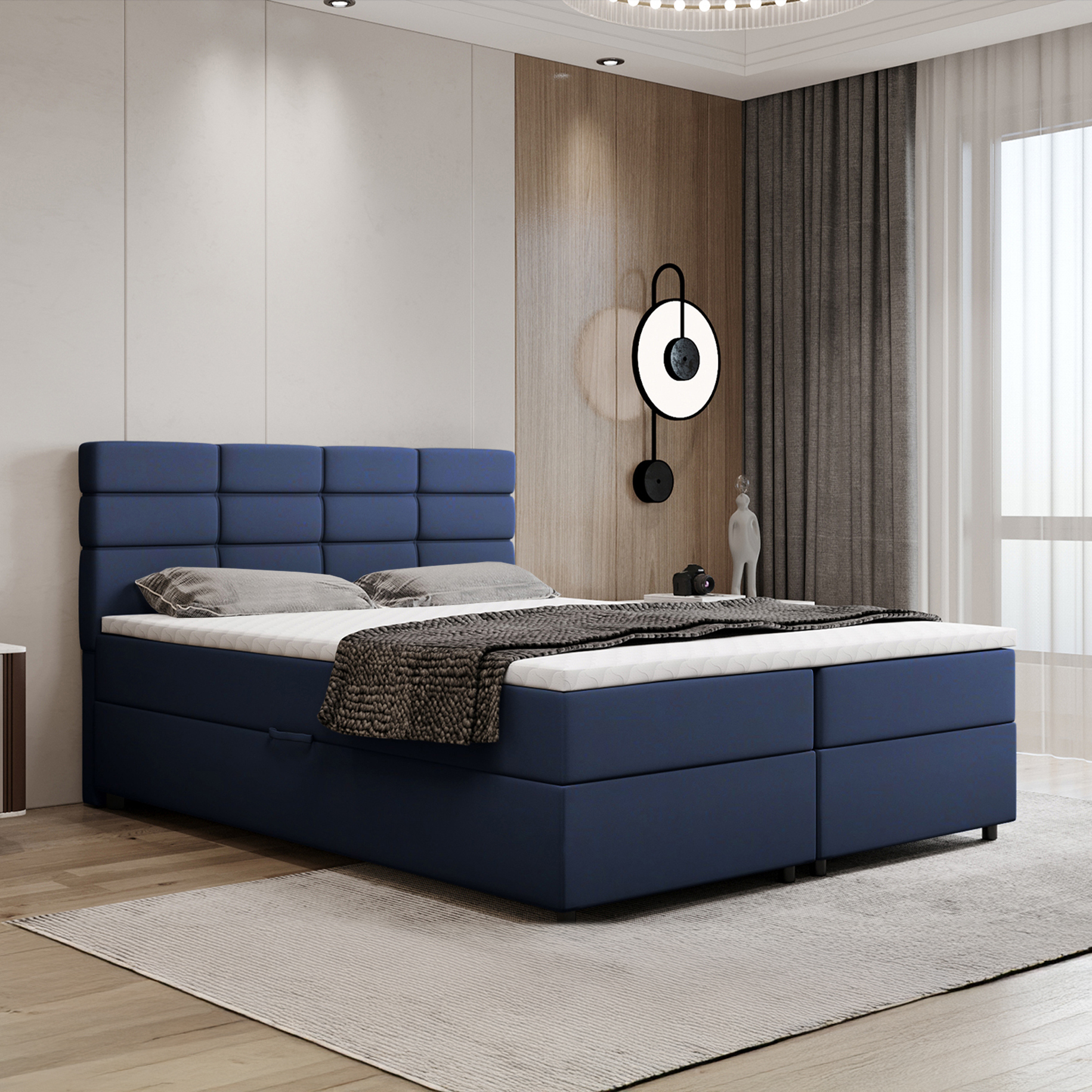 Boxspringbett 160x200, mit Bettkasten, Dunkelblau, Matratze und Topper, Doppelbett, REVE, Panda Möbel