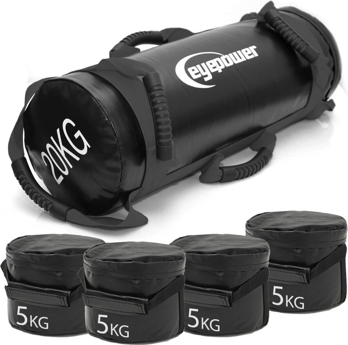 Eyepower 20kg Power Bag mit 4 Kettlebell Gewichten - 20x60 Home Training Sandbag 6 Griffe 16906