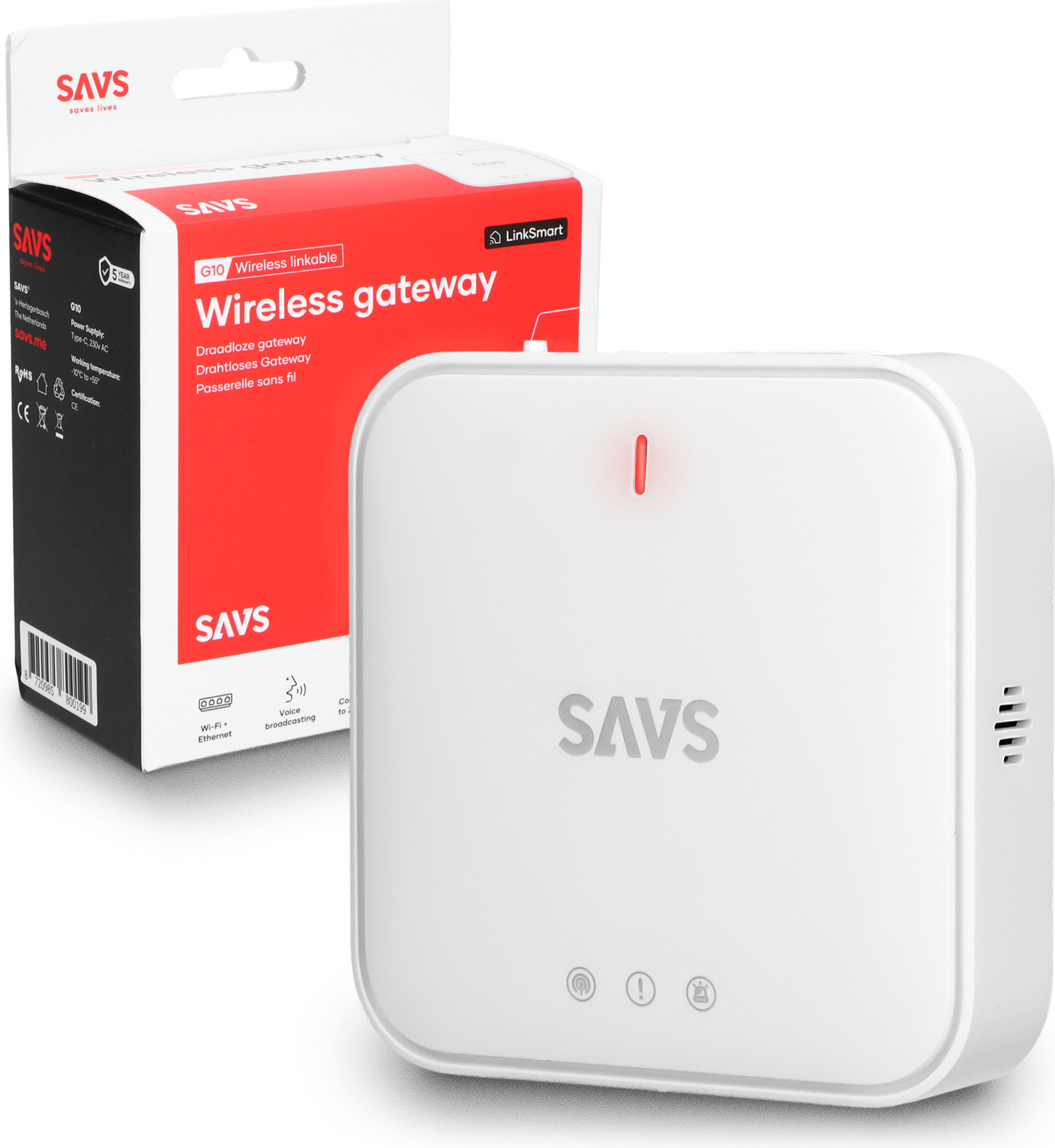 SAVS G10 Gateway - WiFi Gateway - LinkSmart® - Für den S10-W Rauchmelder, C10-W Kohlenmonoxidemelder und H10-W Hitzemelder - Smart Home