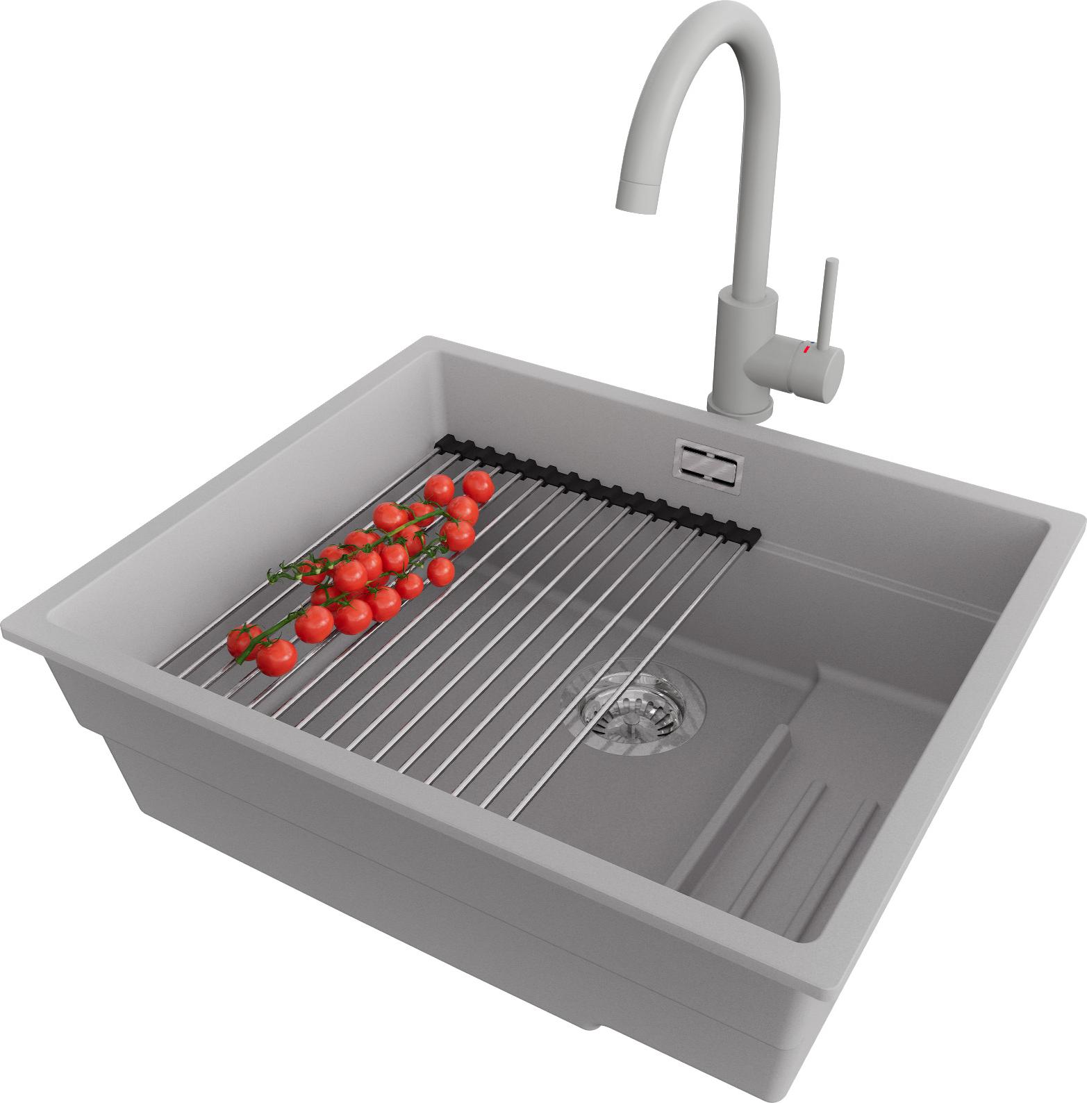 PRIMAGRAN Granitspüle Grau 56x47cm, Spülbecken 1 Becken + Küchenarmatur 32x20cm + Ablauf-Set + Küchenzubehörset, Küchenspüle ab 60er Unterschrank - Praga Slim