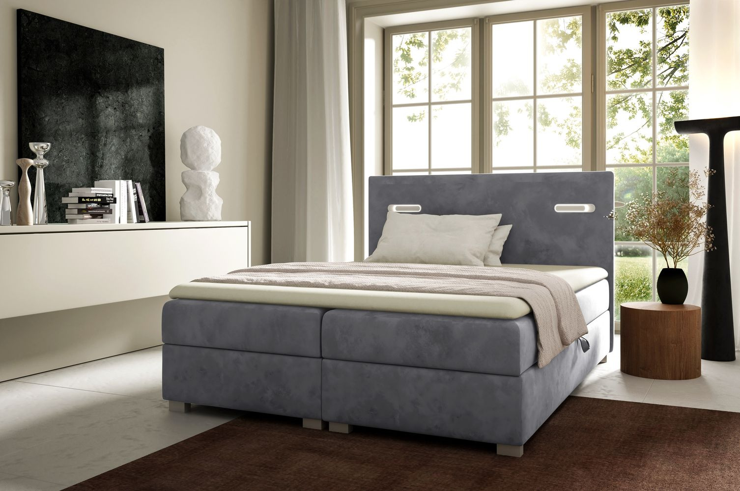 Čalúnená posteľ 180x200 MIRONA s LED osvetlením - šedá + topper ZDARMA