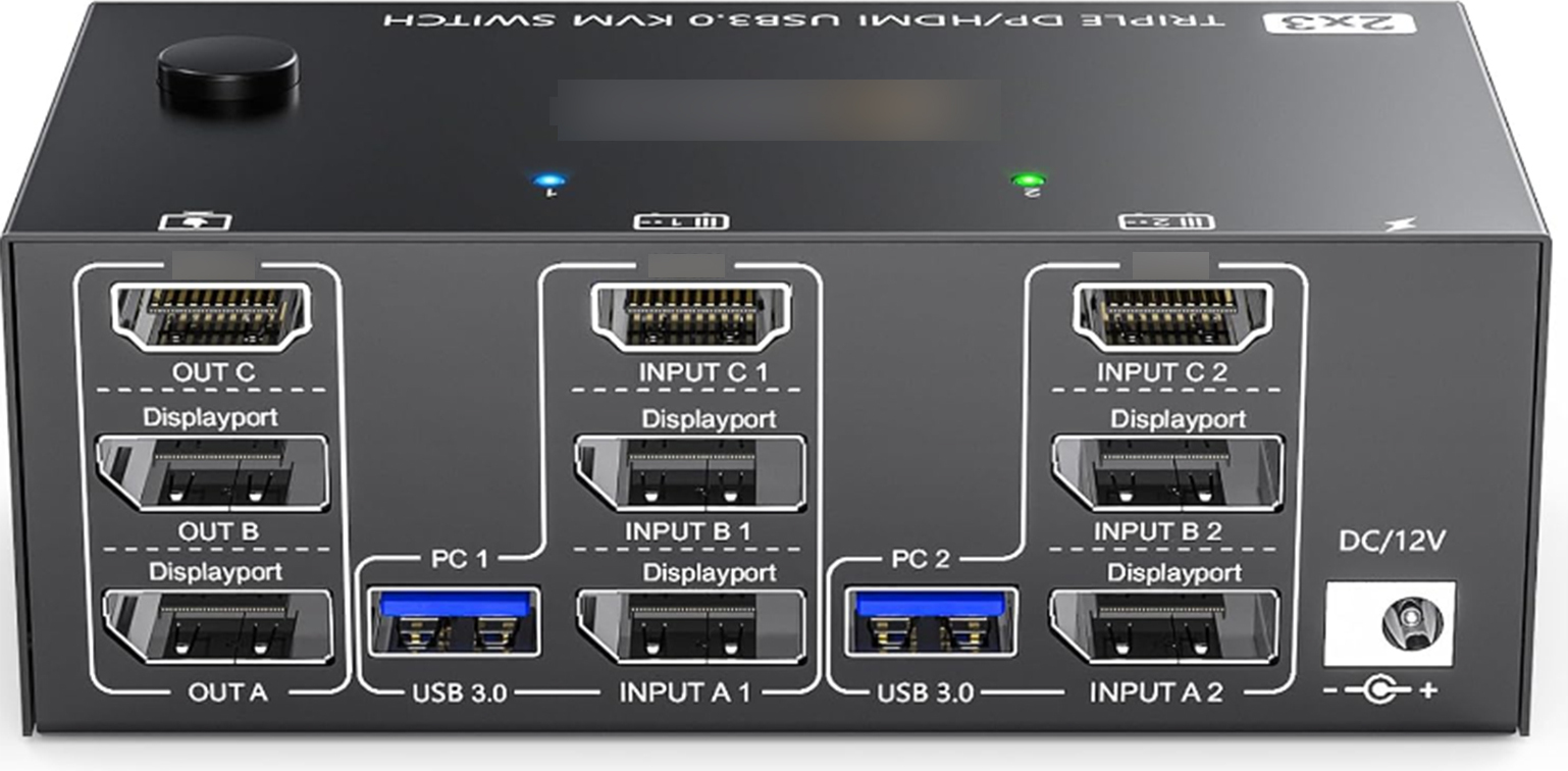 Prepínač KVM USB 3.0, dva vstupy, tri výstupy, tri prepínače monitorov, podporuje 8K pri 30 Hz, 4K pri 144 Hz, USB 3.0 Displayport s káblovým diaľkovým ovládaním a 4 káblami v balení, kompatibilný s Mac/Windows/Linux